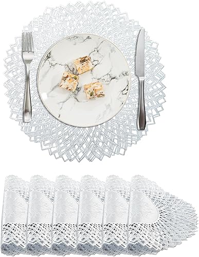 Miniatura 77 de BACKTOEDEN Juego de 6 manteles individuales redondos de color dorado claro, lavables, limpiables, resistentes al calor, manteles individuales de