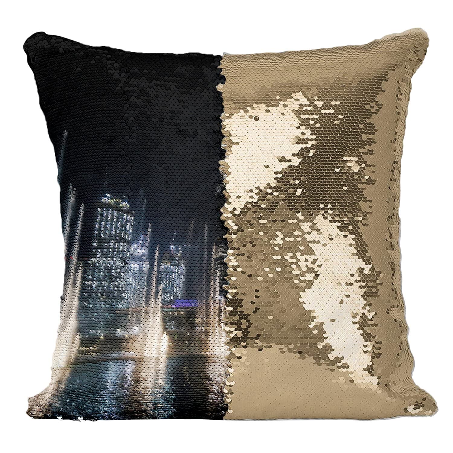 Housse sequin paillettes doré paysage de Dubaï aux finitions élégantes