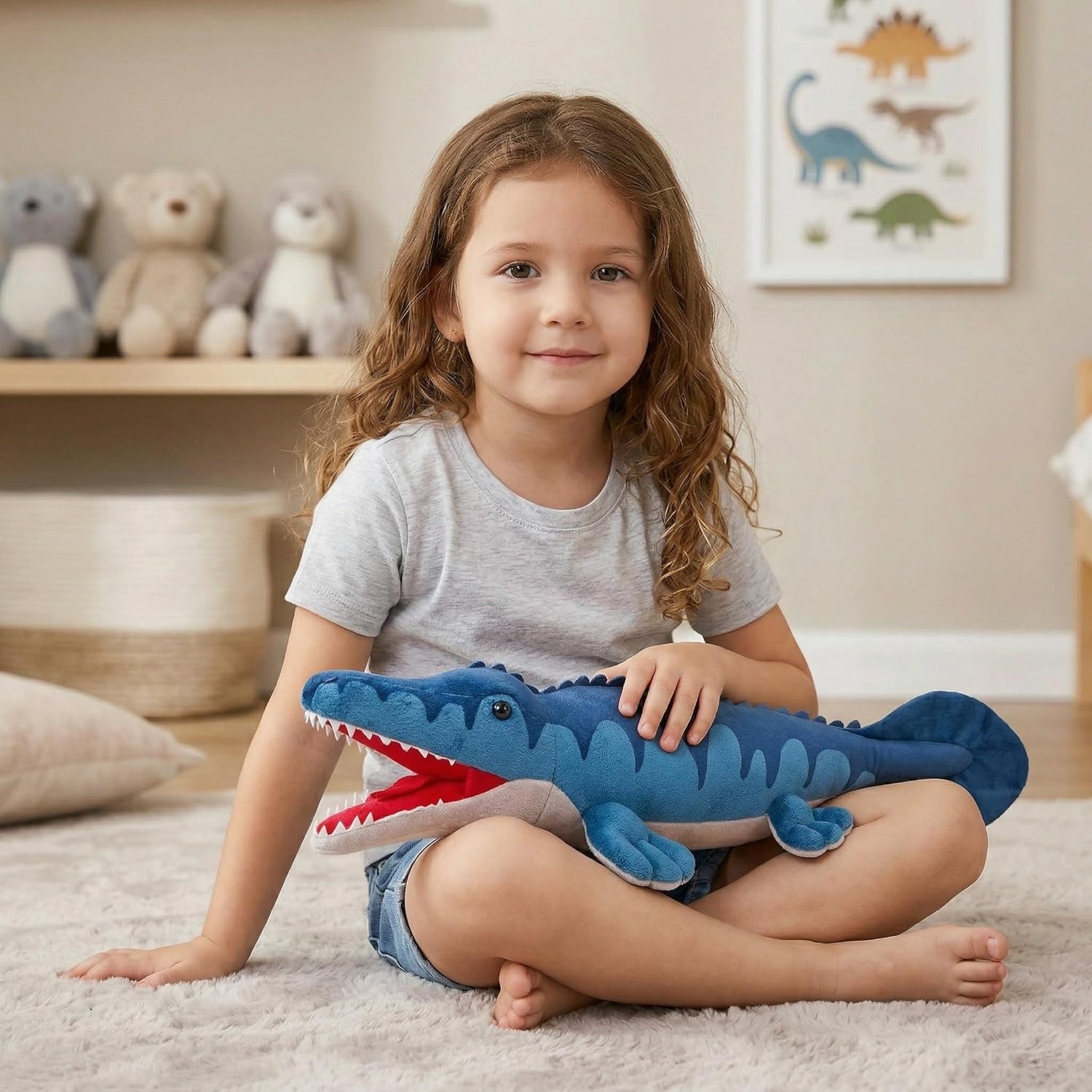 Simulation Mosasaurus Plush Toy, 17 Inch Cute Mosasaurus Stuffed Animal Soft Dinosaur Plush Toy Lifelike Decoration Boys Kids Gifts for All Ages