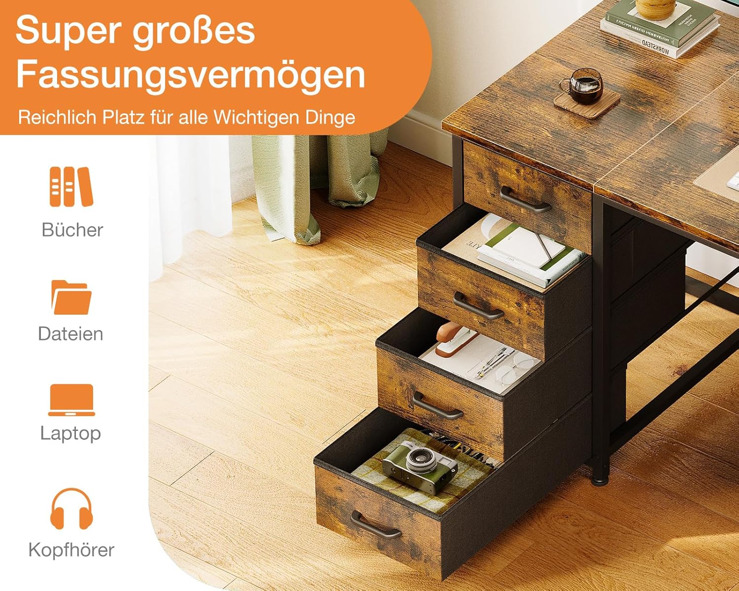 Close-up of the Coleshome Desk's fabric drawers, showing various items like books, files, a laptop, and headphones stored inside.