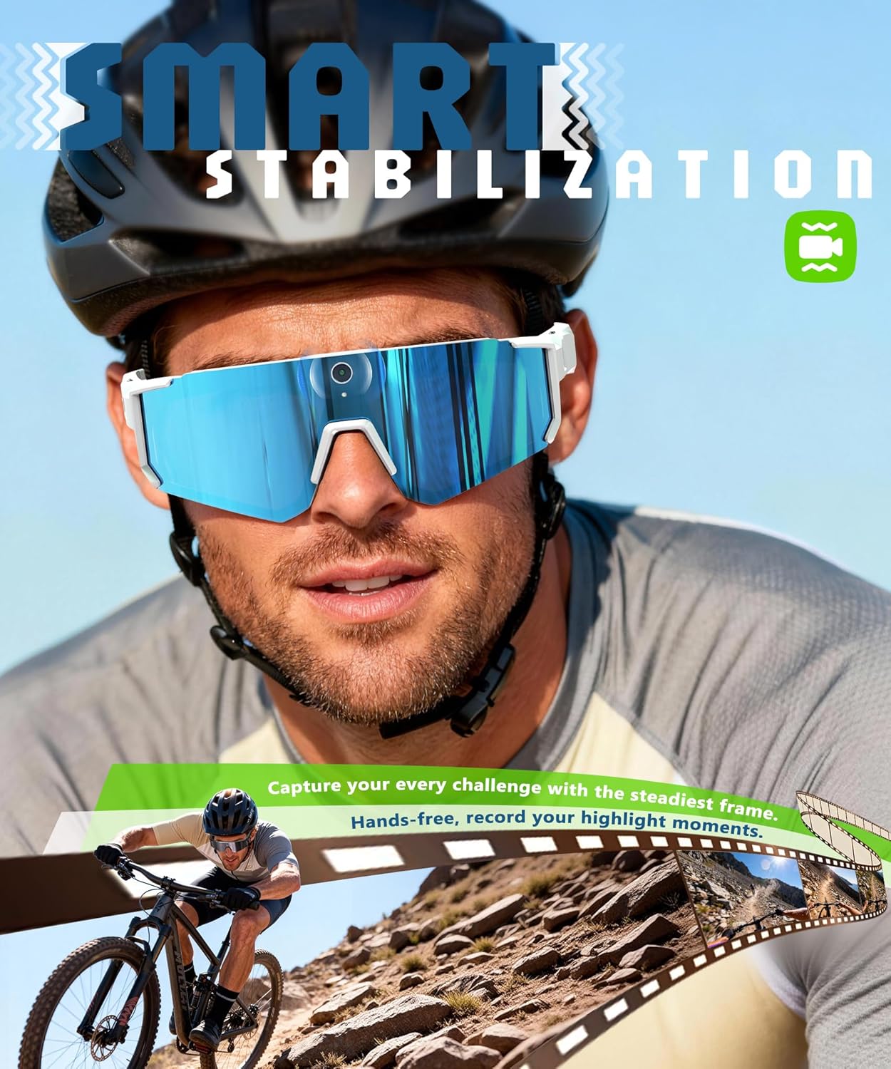 ai smart glasses with camera 4k, video recording glasses with camera, polarized sports sunglasses with eis stabilization, dual mic noise canceling, ip66, chatgpt enabled arctic blue ice