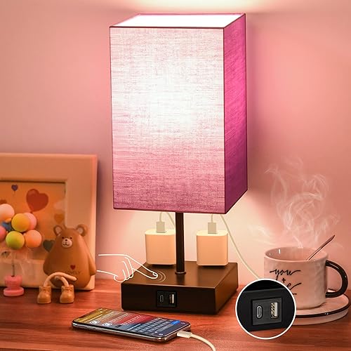 Sailstar Lámparas de noche mejoradas con puertos de carga USB C+A y 2 salidas de CA, lámpara de mesa púrpura para dormitorio, lámpara táctil