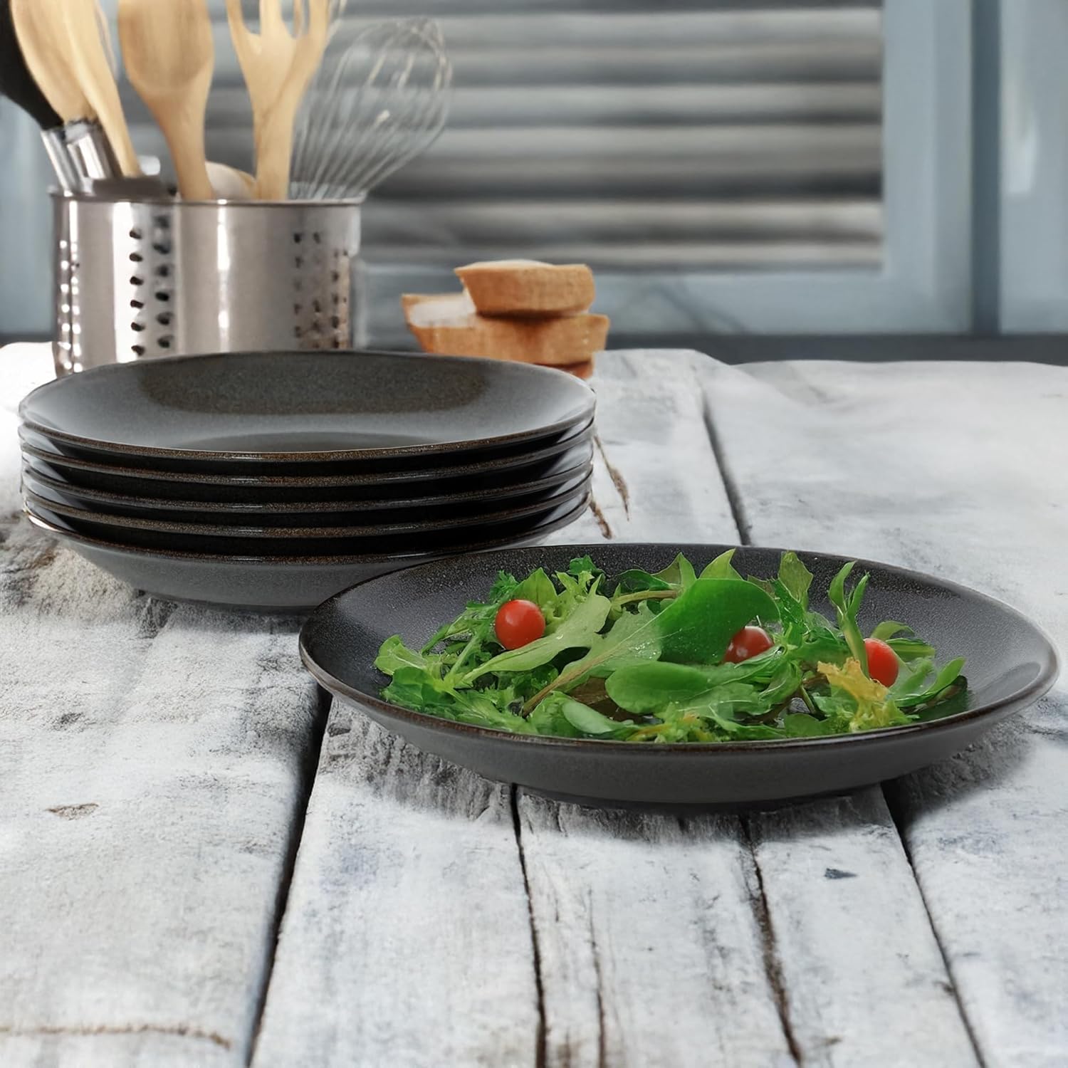 Mino Lightweight Salad Plate Sets, Set of 6, Onyx Black
