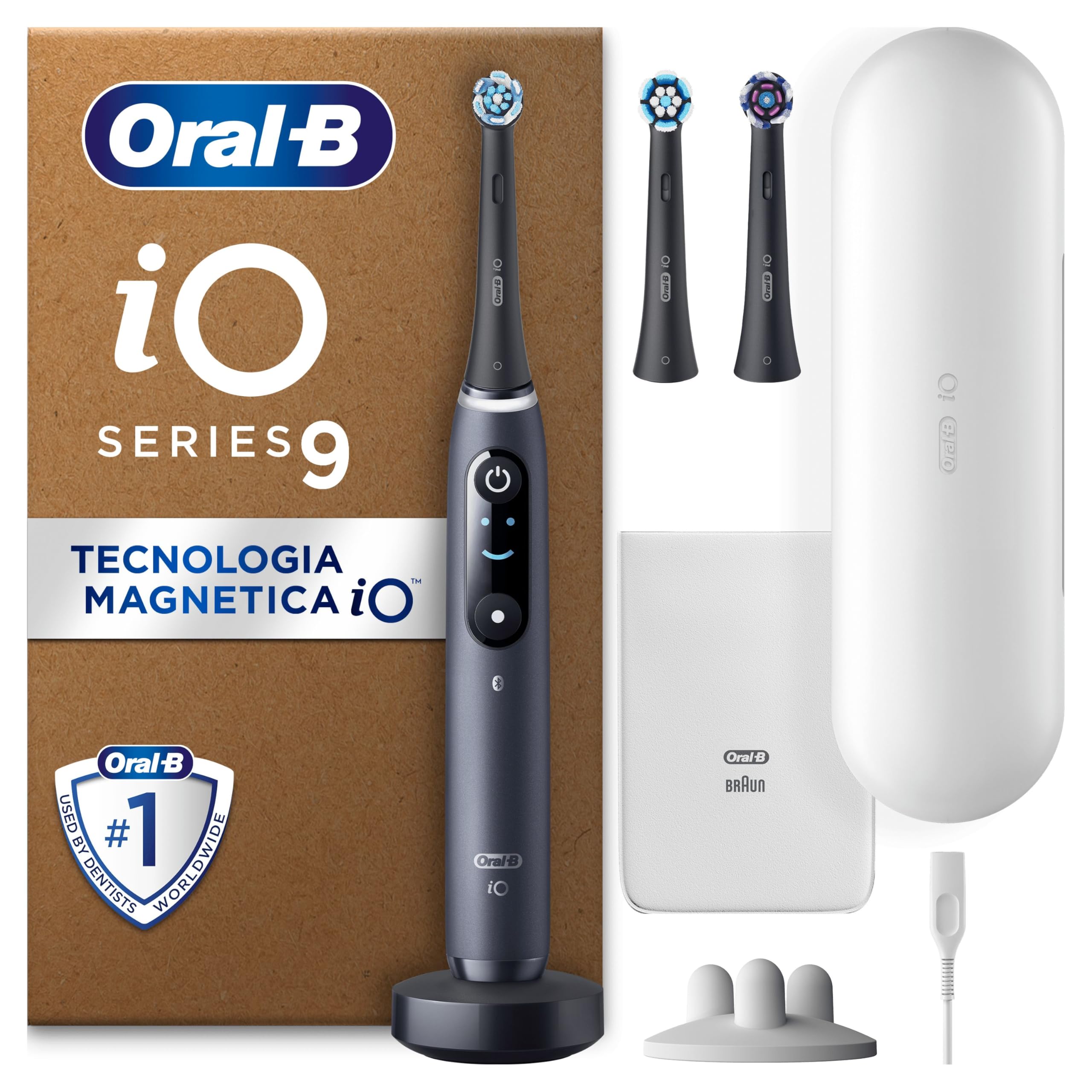 Oral-B Spazzolino Elettrico Ricaricabile iO 9 Nero, 3 Testine Di Ricambio, Custodia Da Viaggio Ricaricabile, 1 Spazzolino Elettrico Oral B, Sensore di Pressione, Display Interattivo