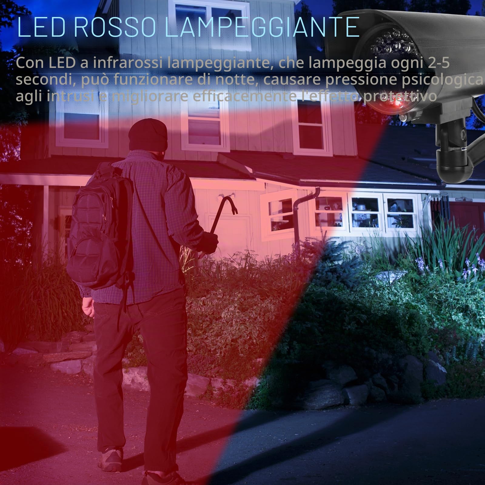 Sporgo Telecamera Finta 3 Pezzi: Sorveglianza Esterna con Luce LED Rossa Lampeggiante, Sicurezza per Interni ed Esterni