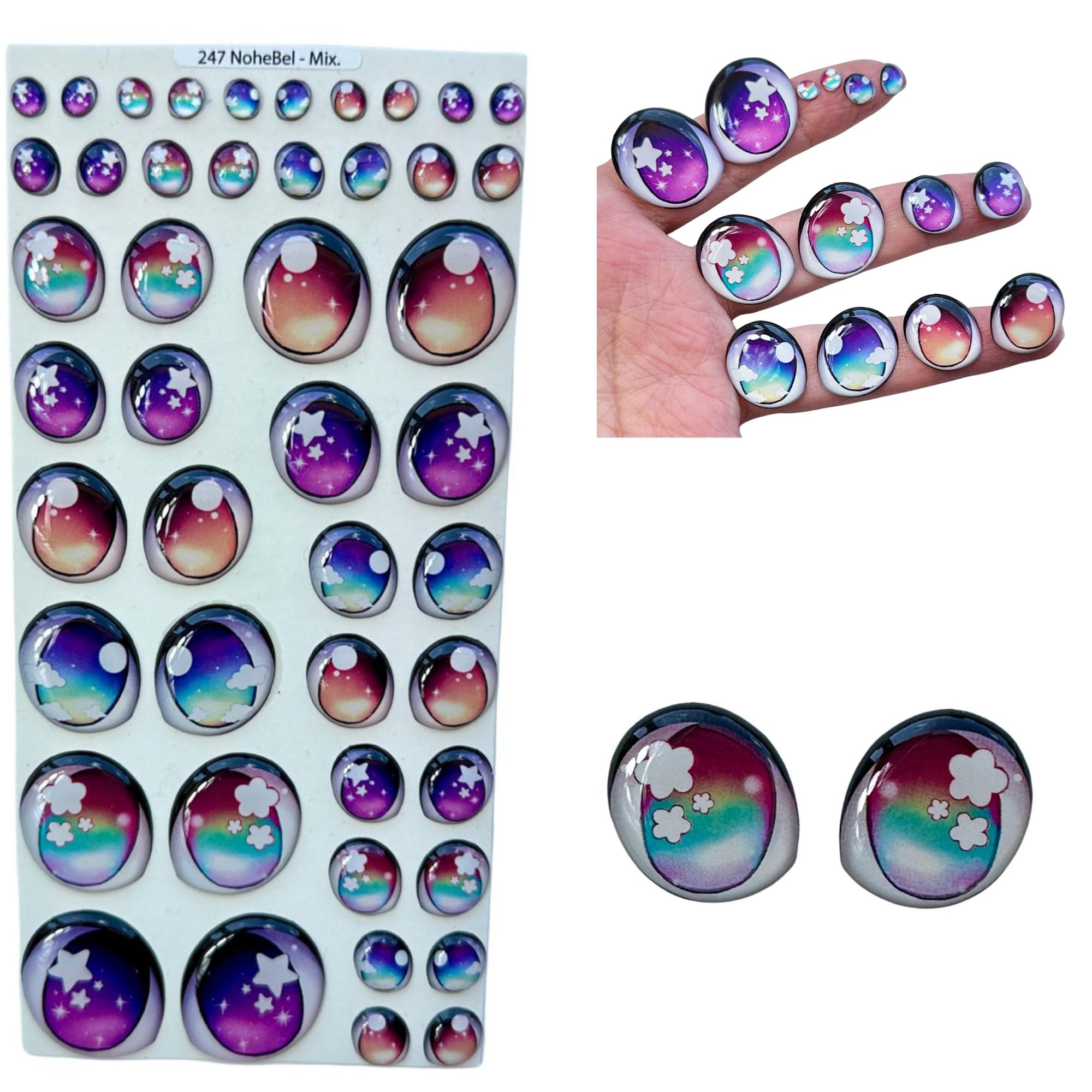 Ojitos Adhesivos 3D Adhesive or Self-Adhesive 3D Resin Eyes, Eye Stickers, Movable Eyes Crafts, Decoration - 23 Pairs in Orange, Purple and Rainbow (Various Sizes in The Same Blister)