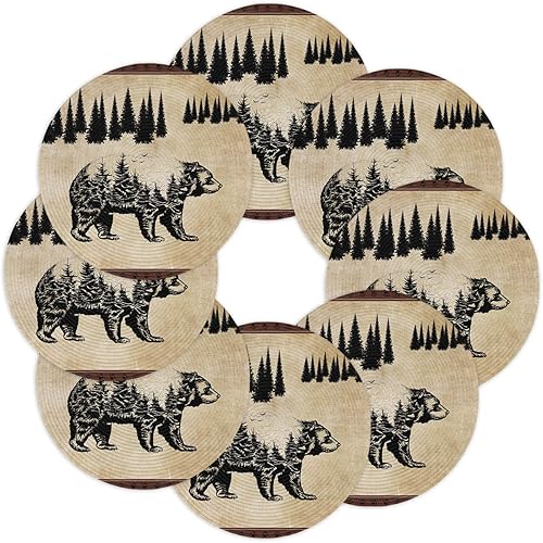 Miniatura 9 de Juego de 2 manteles individuales redondos vintage con diseño de oso negro y pino, manteles individuales lavables de tejido retro rústico para
