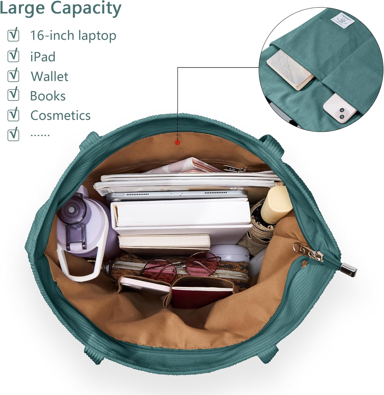 KALIDI Women Corduroy Tote Bag Zipper Casual Tote's Handbag Big Capacity Shoulder Bag with Pockets - Image 4