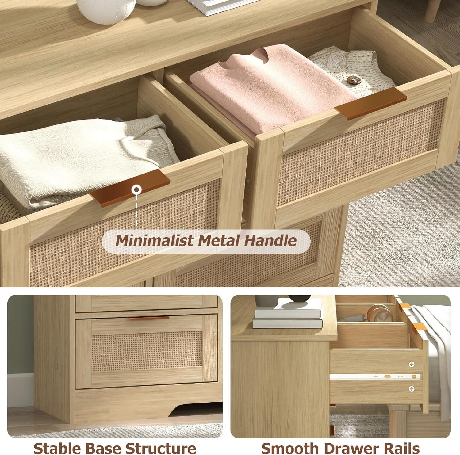 LTMEUTY 9 Drawer Dresser for Bedroom, Rattan Chest of Drawers, Modern Boho Wood Dresser Chest with Golden Handles, 55” Wide Large Storage Long Dressers Organizer for Closet, Entryway, Living Room