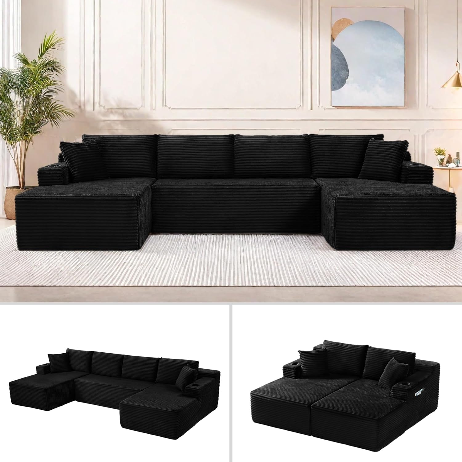 incomplete sides133.5\" U Shaped Couch, Modular Sectional Sofa with Chaise, Corduroy U Shaped Boneless Couch with Deep Seat, Upholstered Modular Cloud Sofa for Living Room, No Assembly Required, Black