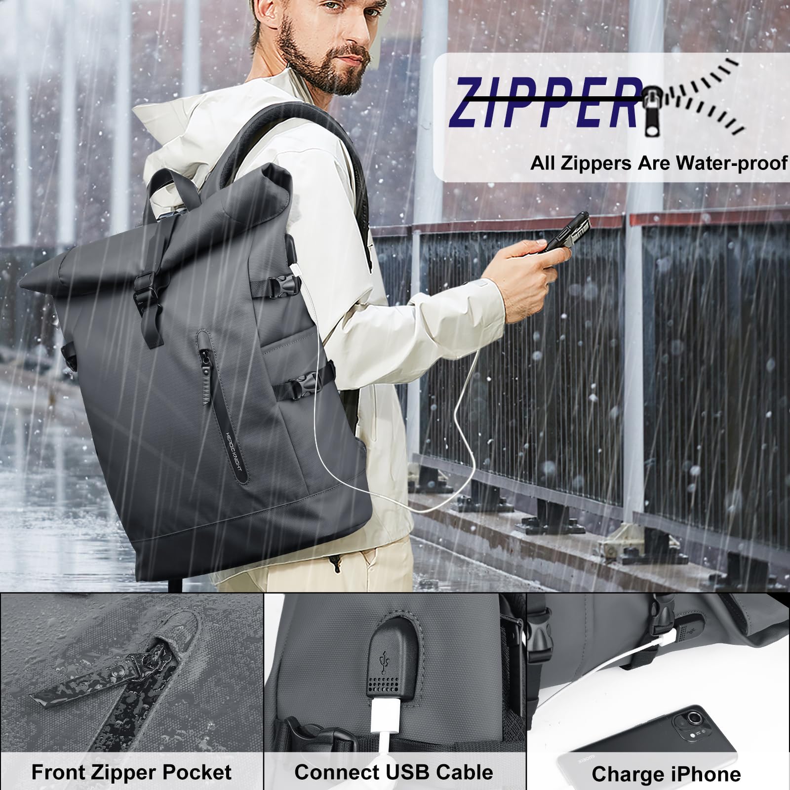 Zaino per laptop da 15,6 pollici, con parte superiore arrotolabile, per uomo e donna, stile casual