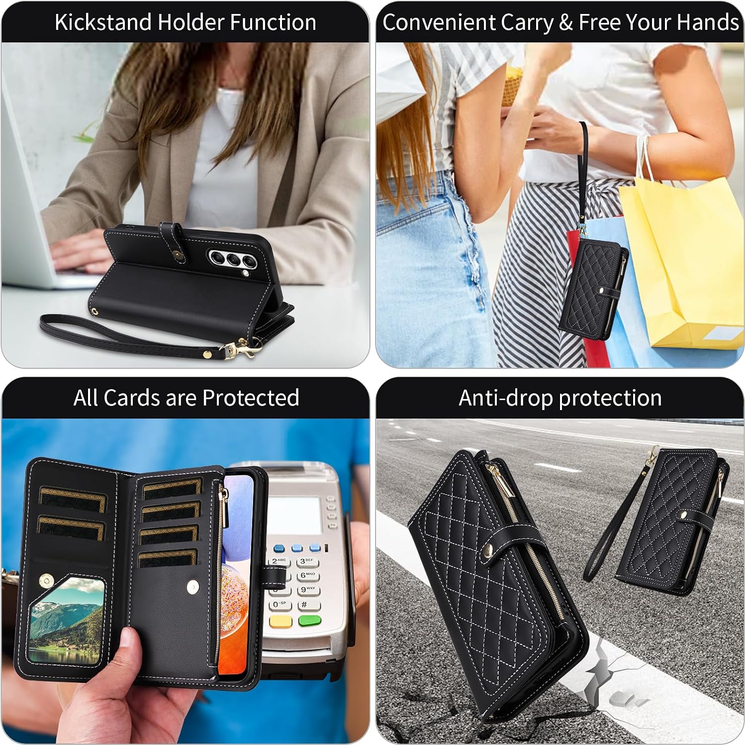 Wallet Case for Samsung Galaxy A16/A17/A26 5G with Wrist Strap Flip Zipper Credit Card Holder Soft Stand Argyle Pattern Phone Cover for A 16 17 26 16A 17A 26A 4G SM-A166U Women Girls Black