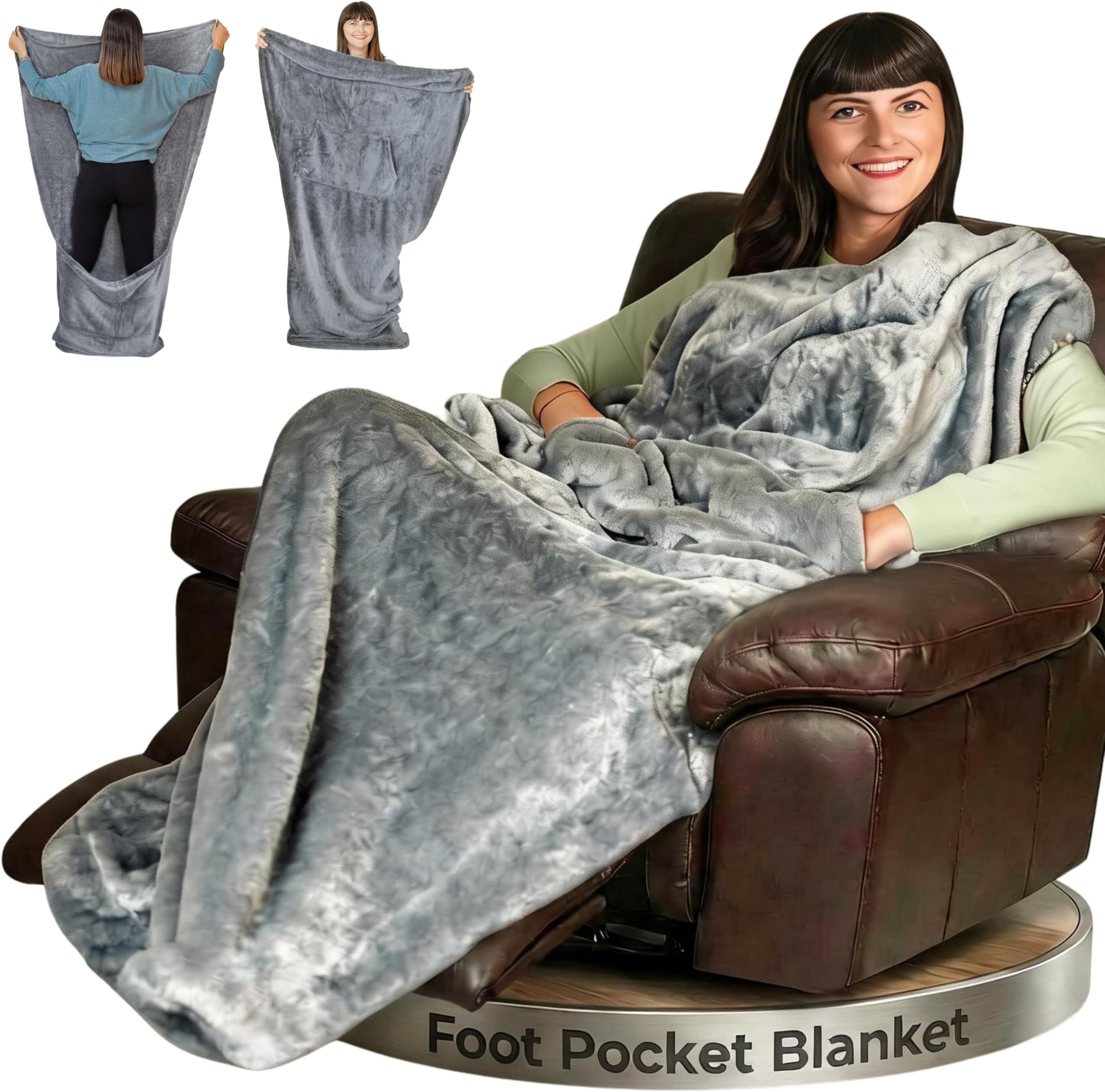 EzrAllora Fleece Lightweight Foot Pocket Blanket -Patent Pending- Gamer Gift for Men Who Have Everything - Gifts for Men Who Wants Nothing and Elderly Dads (Fleece, Silver Grey)