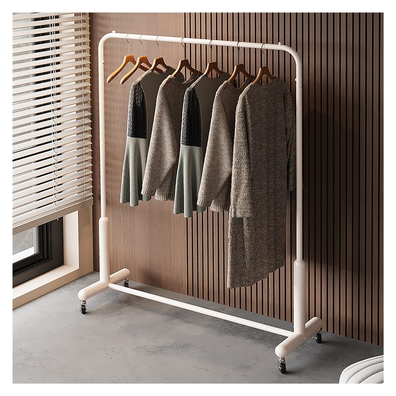 Stabiler rollender Kleiderständer mit Rollen, Metall-Kleiderständer & Garderobenhalter für Schrank, Schlafzimmer, Wohnzimmer, platzsparend, Sto Solut, Weiß, 60 x 135 x 40 cm