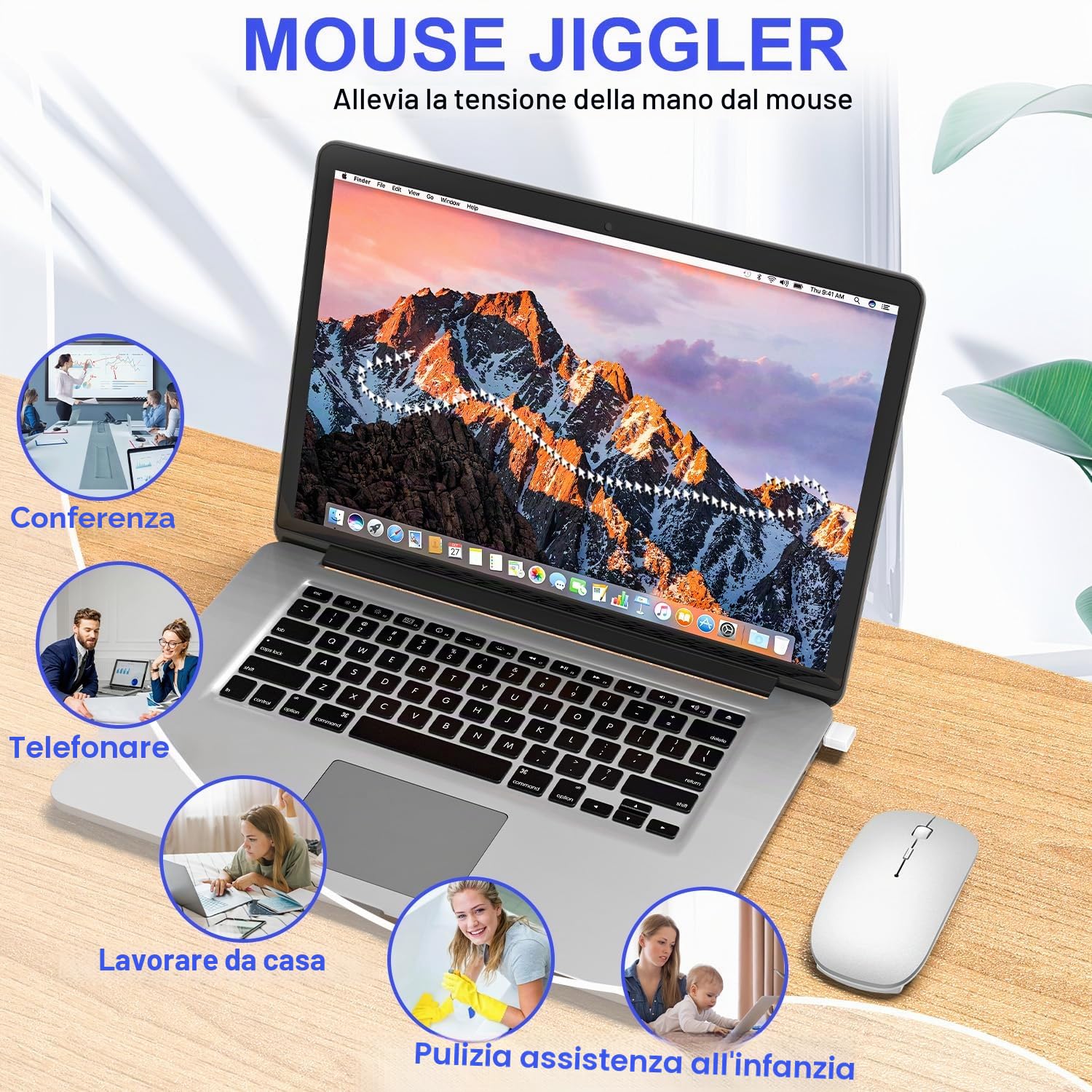 Mouse Wireless Bluetooth 5.2/3.0 + 2.4G USB-A/C – Ricaricabile USB-C, Click Silenzioso, 3 DPI (800/1200/1600), Jiggler Integrato – per iPad, MacBook, Laptop e PC Windows