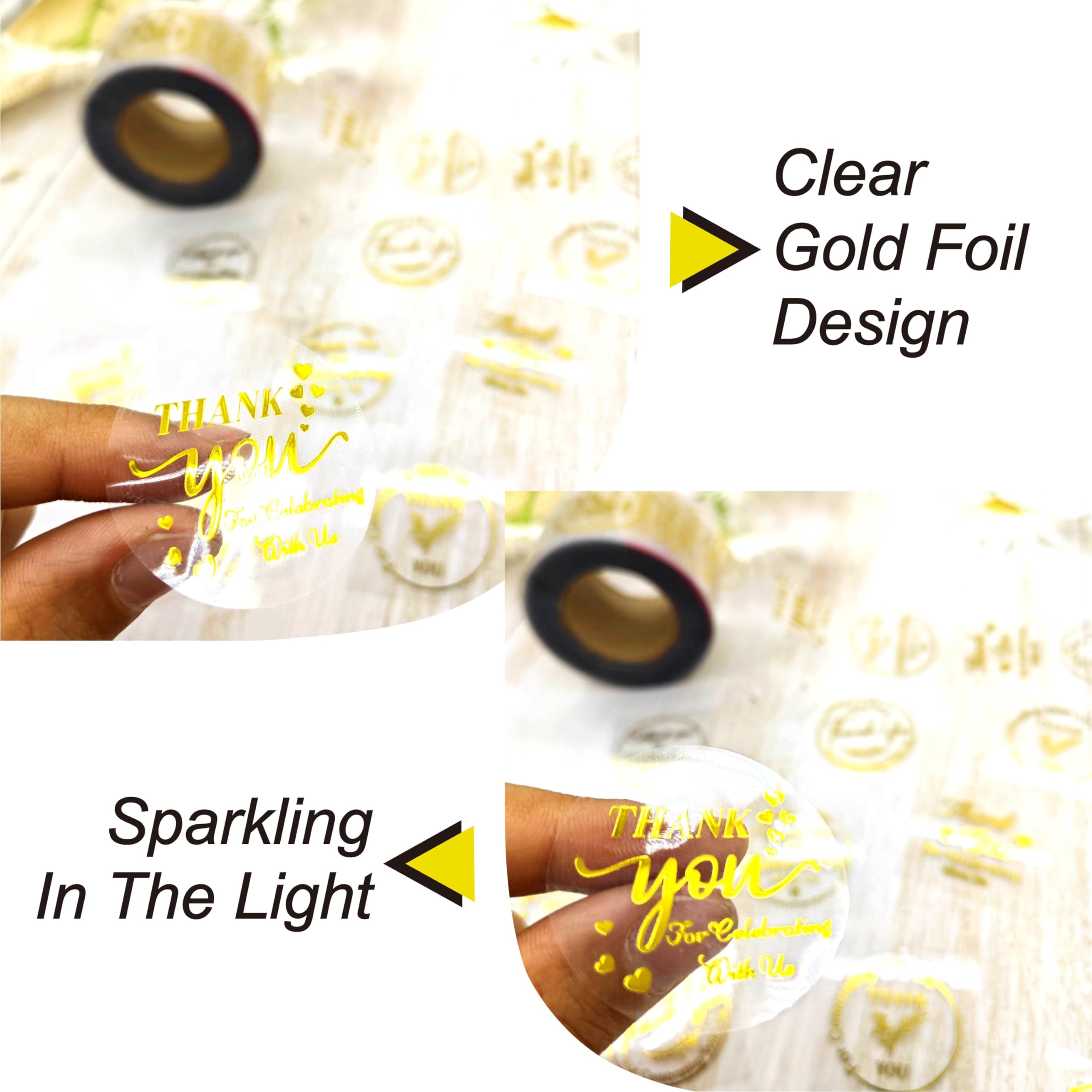 Masper Thank You for Celebrating with Us Stickers 3.8 cm, 600 Sheets, 6 Waterproof Transparent Gold Foil Shiny Designs - Image 3