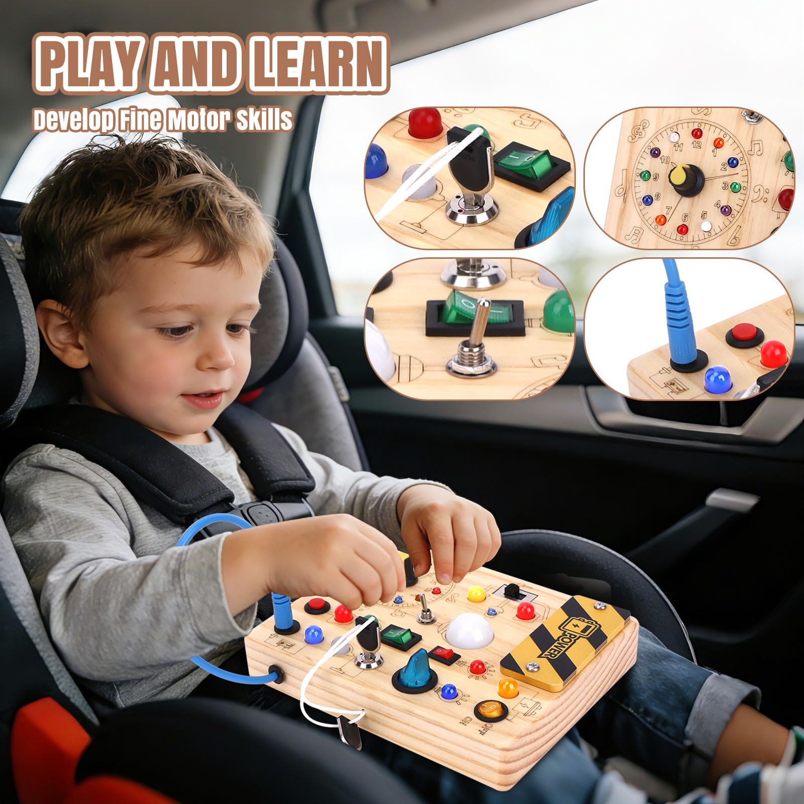 Busy Board Montessori Spielzeug ab 1 Jahr Holz Motorikspielzeug Activity Board Sensorik Lernspielzeug mit 10 Schaltern und 23 LED-Lichtern für Kleinkinder Geschenk für Jungen Mädchen 1 2 3 Jahre - 4