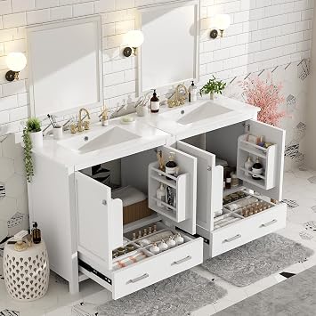 Traditional Double Bathroom Vanity with Sink, 60 Bathroom Storage Cabinet with Drawers and Dual Basin, Separate 2 Bath Vanities with Sinks Combo, Mirror Not Included