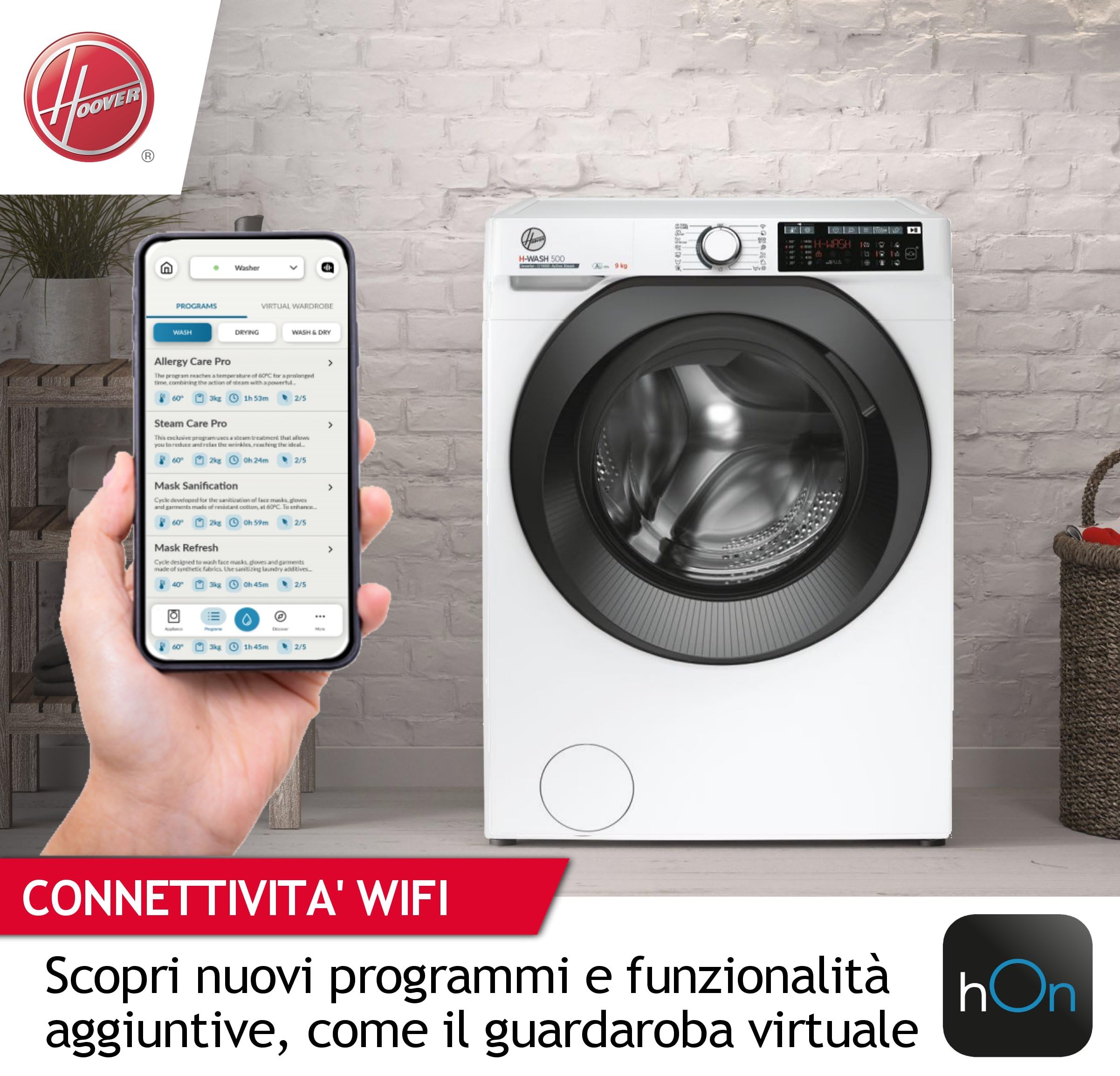 Hoover H-WASH 500 pralka 9 kg, wolnostojąca, ładowana z przodu, klasa A-15%, 1400 obr./min, Wi-Fi + BLE, aplikacja hOn, silnik falownika BPM, 54 x 85 x 60 cm (szer. x wys. x gł.) cm), biały-HW49AMBC7