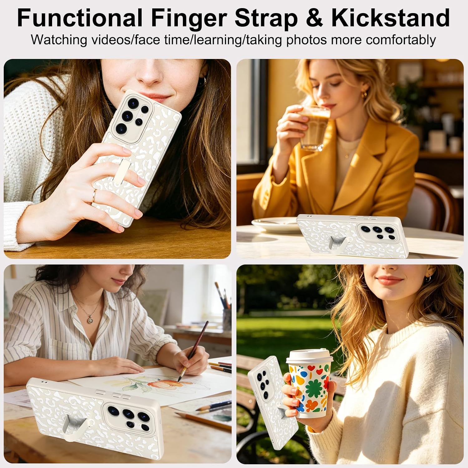 OOK Magnetic Case for Samsung Galaxy S25 Ultra with Finger Strap Kickstand, [Compatible with MagSafe] Cute Leopard Pattern for Women Men, Slim Shockproof Camera Protective Cover for 6.9inch, White