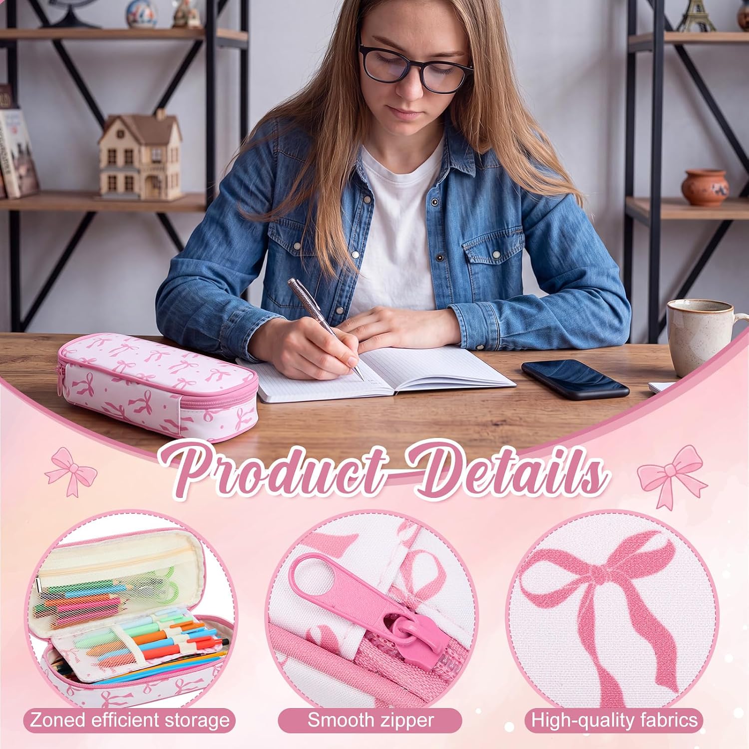 Gersoniel 1 Pc Coquette Pink Bow Pencil Case Pouch Cosmetic Organizer