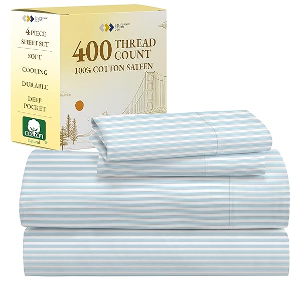 California Design Den Striped King Size Sheets Set - Luxury 400 Thread Count Sateen, Natural 100% Cotton Sheets, Deep Pockets, Cooling and Durable Bedding Set - Cape Stripe
