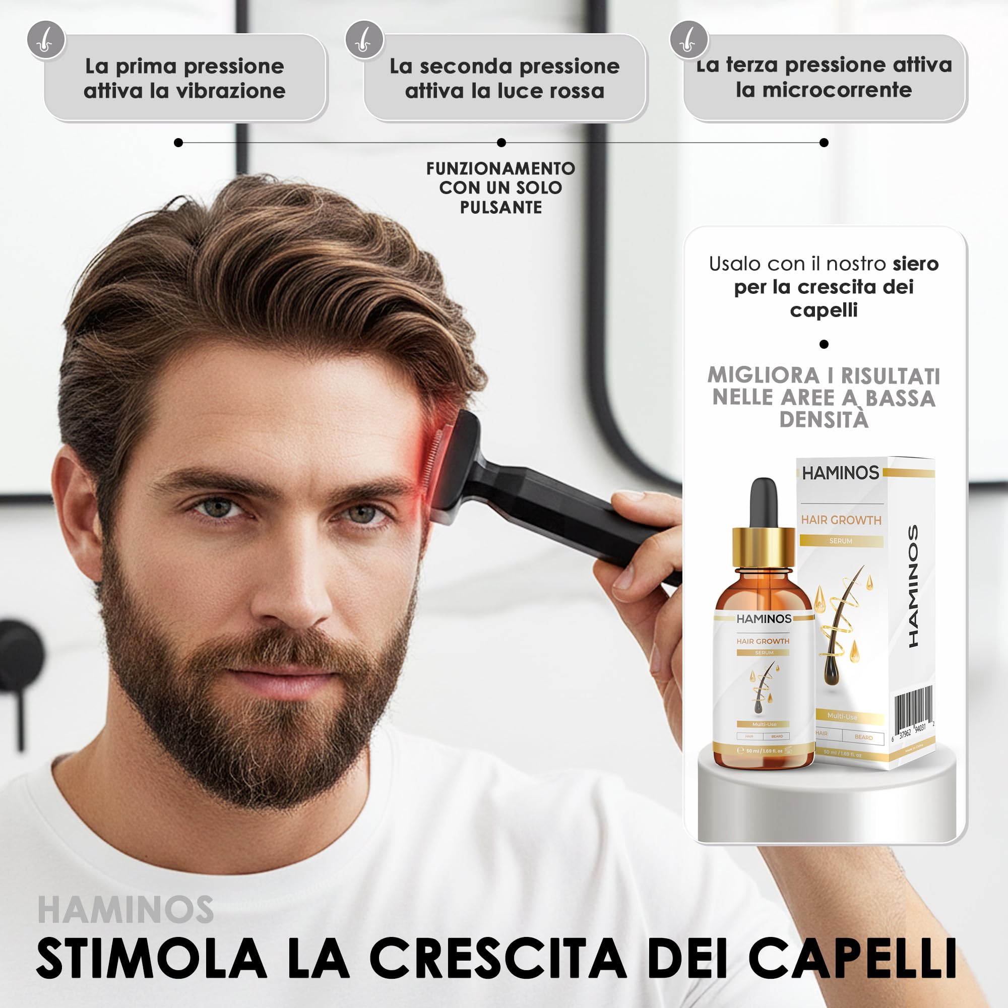 Derma Stamp 0,25 mm per Cuoio Capelluto e Pelle, Dispositivo Microneedling 4 in 1 con 2 Testine ad Aghi, Luce Rossa, Microcorrente, Vibrazione, Ricaricabile USB-C