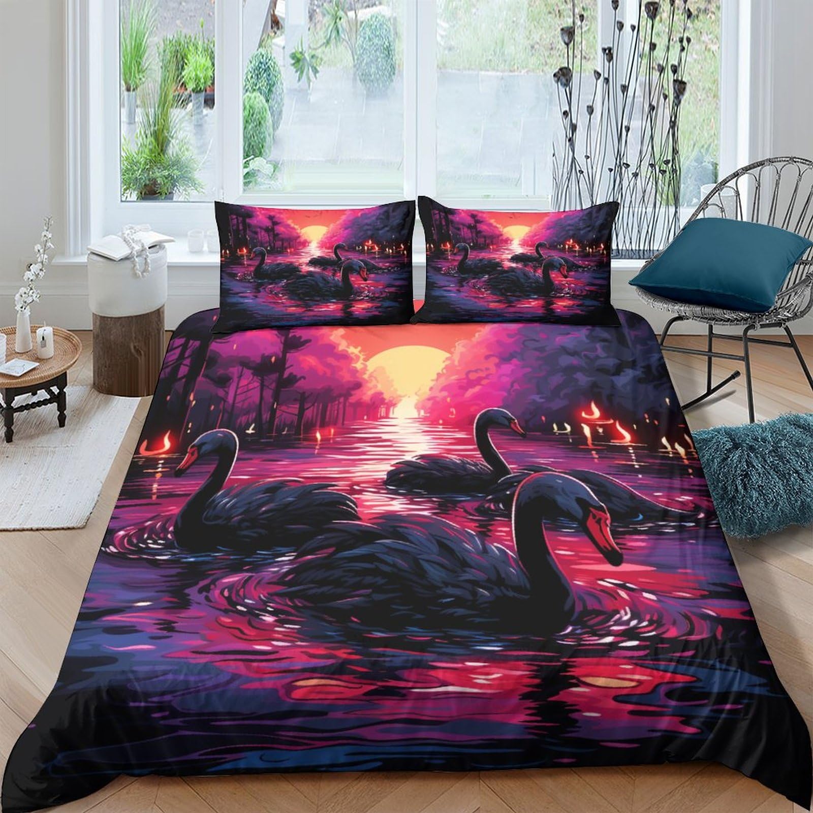 Housse de couette 220x240 motif cygne lit double respirante