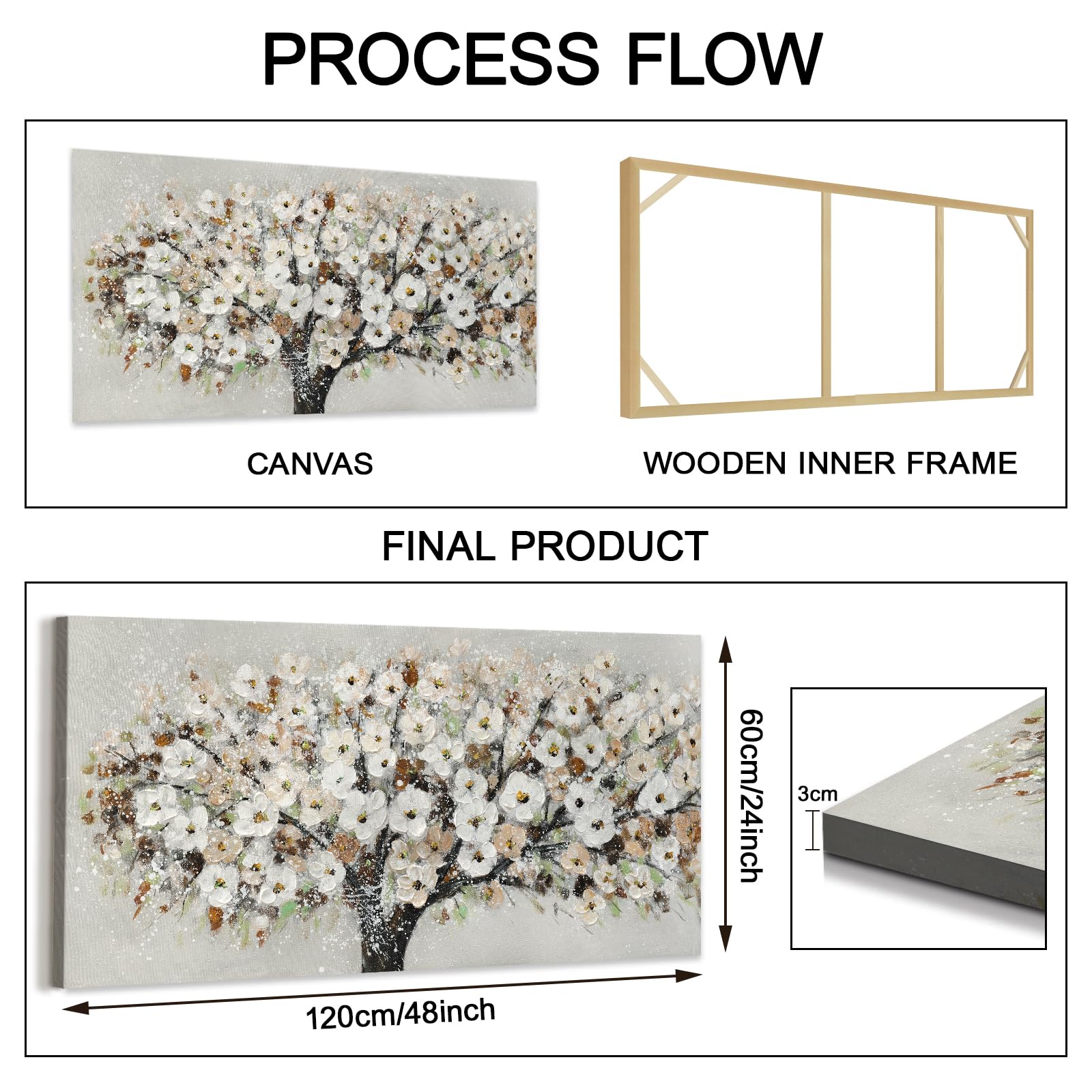 WENGTIAO Grande Albero Floreale Quadro Dipinto a Mano, Pittura Acrilica, Quadri Moderni Astratta con Texture, Quadro Fiori Bianco su Tela per Soggiorno Decorazioni Parete 120x60 cm