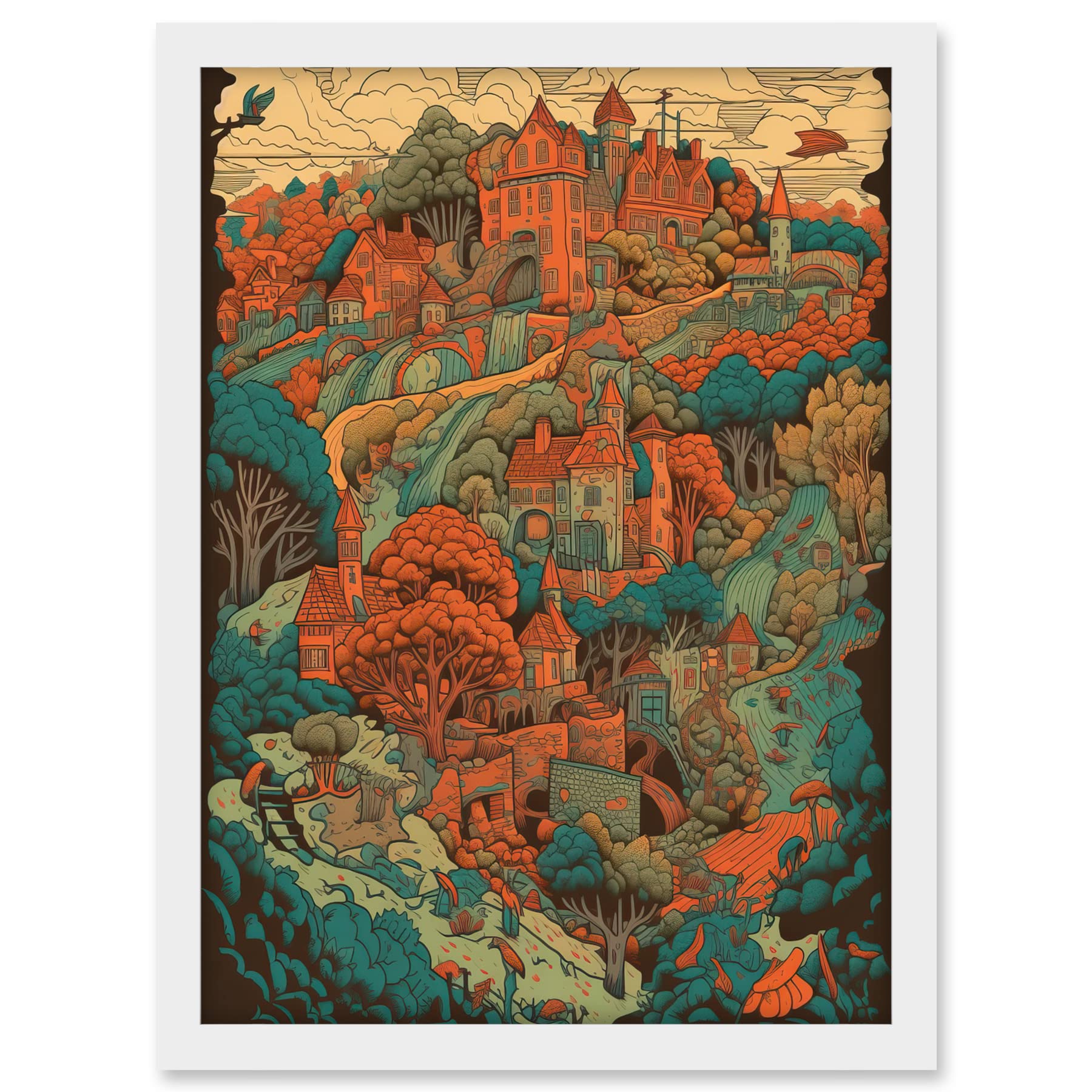 Artery8 Village in Forest Coral and Teal Blue Illustration Artwork Framed A3 Wall Art Print