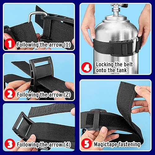 Miniatura 5 de Paquete de 2 soportes para tanque de buceo, cilindro de tanque BCD de buceo universal, correa de cinturón de banda ajustable con hebillas de leva