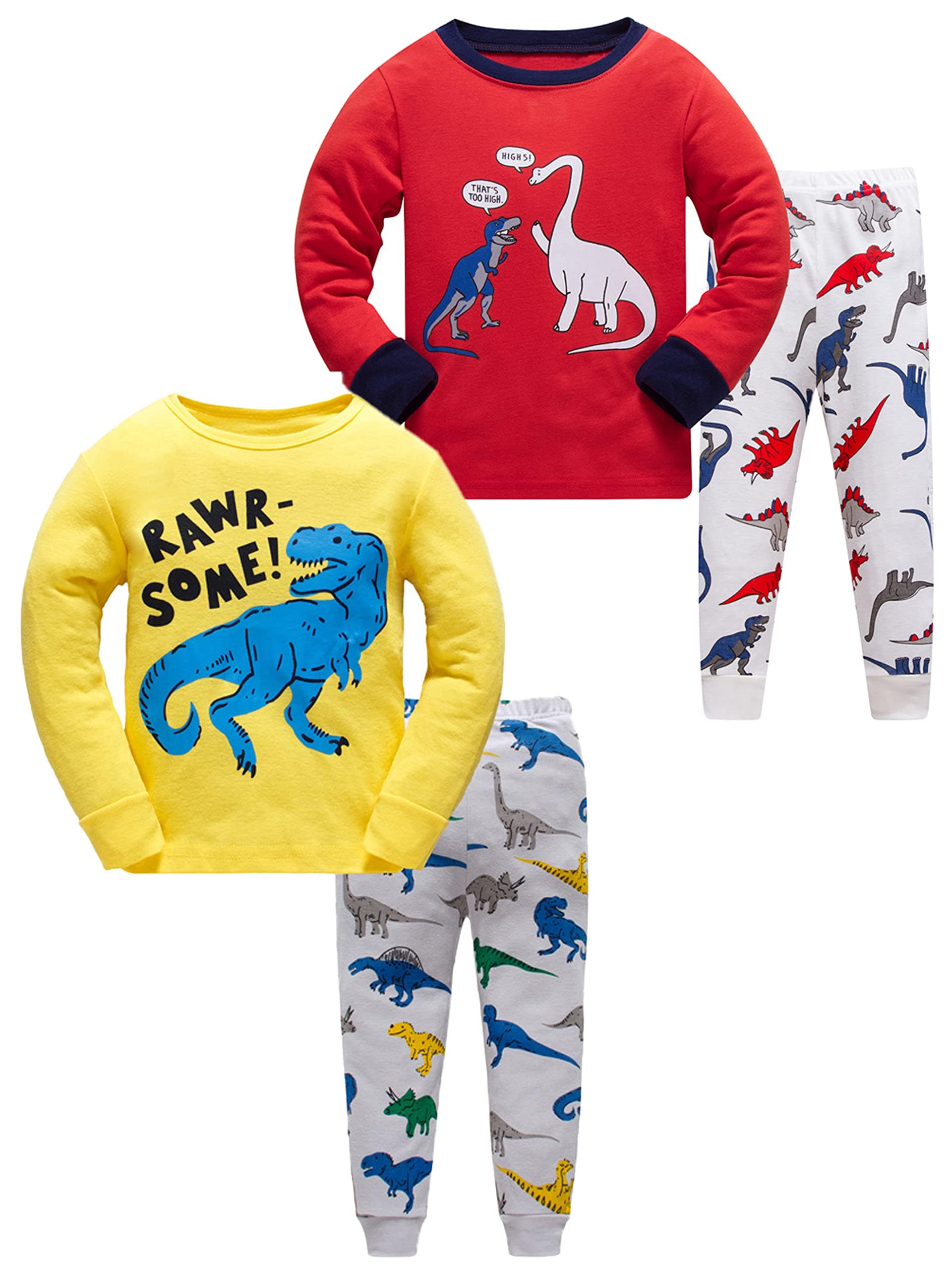 SOIBEEN Pyjamas für Jungen Dinosaurier Nachtwäsche Baumwolle Kleinkind Kleidung Kinder Nachtwäsche Langarm PJs Set 4-teiliges Outfit 1-12 Jahre