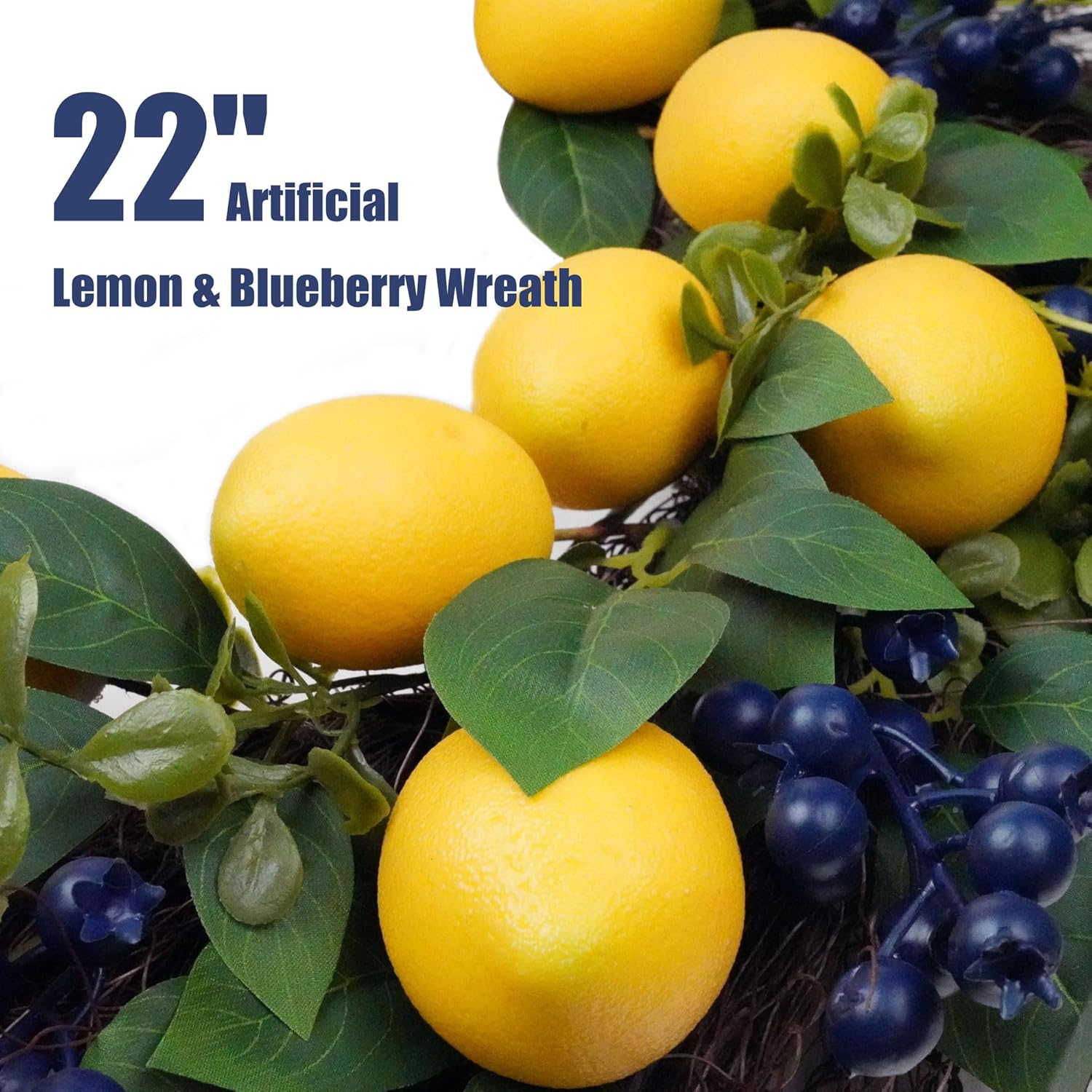 22" Artificial Lemon & Blueberry Wreath - Lifelike Spring Summer Fruit Wreath for Front Door Windows Farmhouse Cottage Kitchen Home Decor