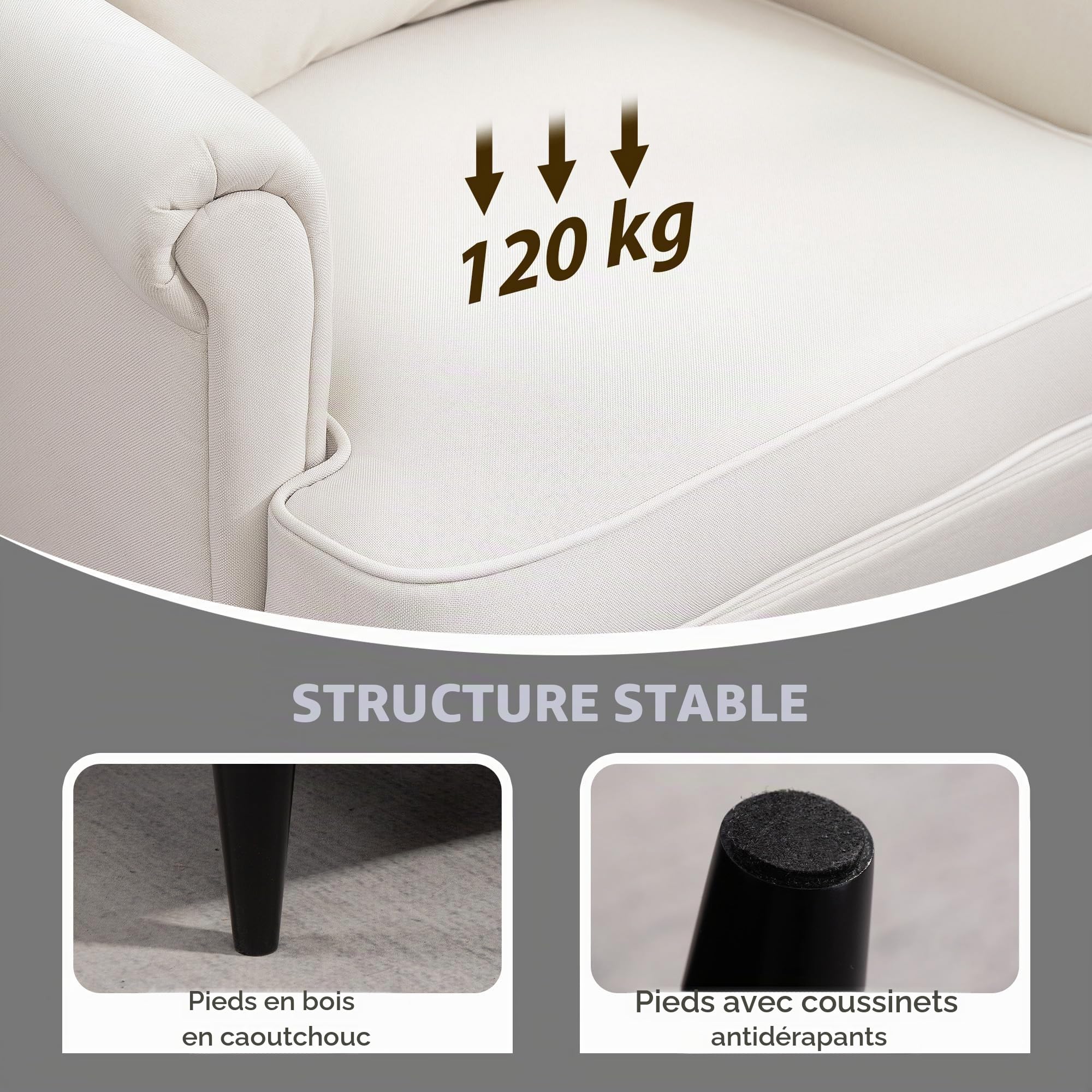 HOMCOM Fauteuil avec repose-pieds, fauteuil de lecture avec dossier haut capitonné, pieds en bois, coussin rembourré et revêtement en lin, fauteuil pour salon, chambre à coucher, bureau, beige