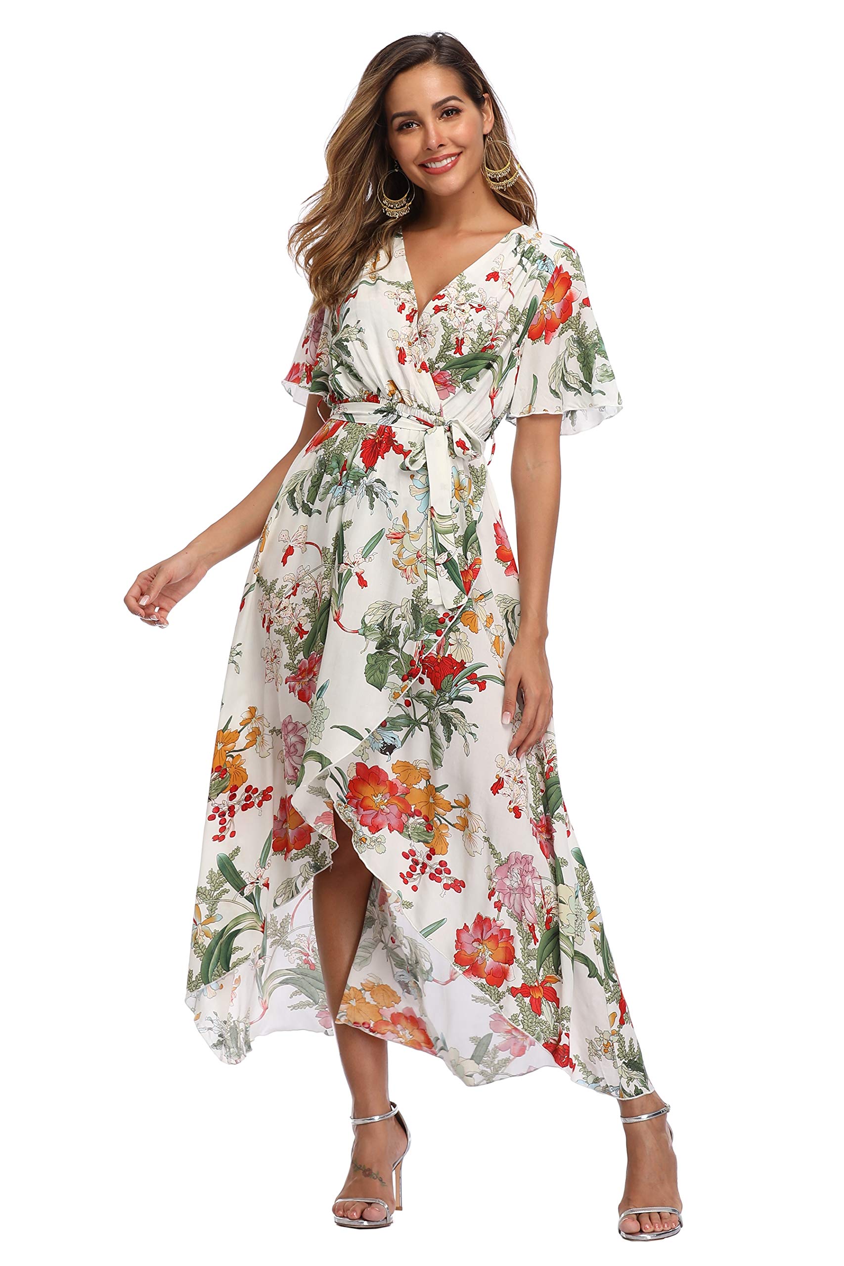 VintageClothing Women's Wrap V Neck Floral Summer Dresses High Low Casual