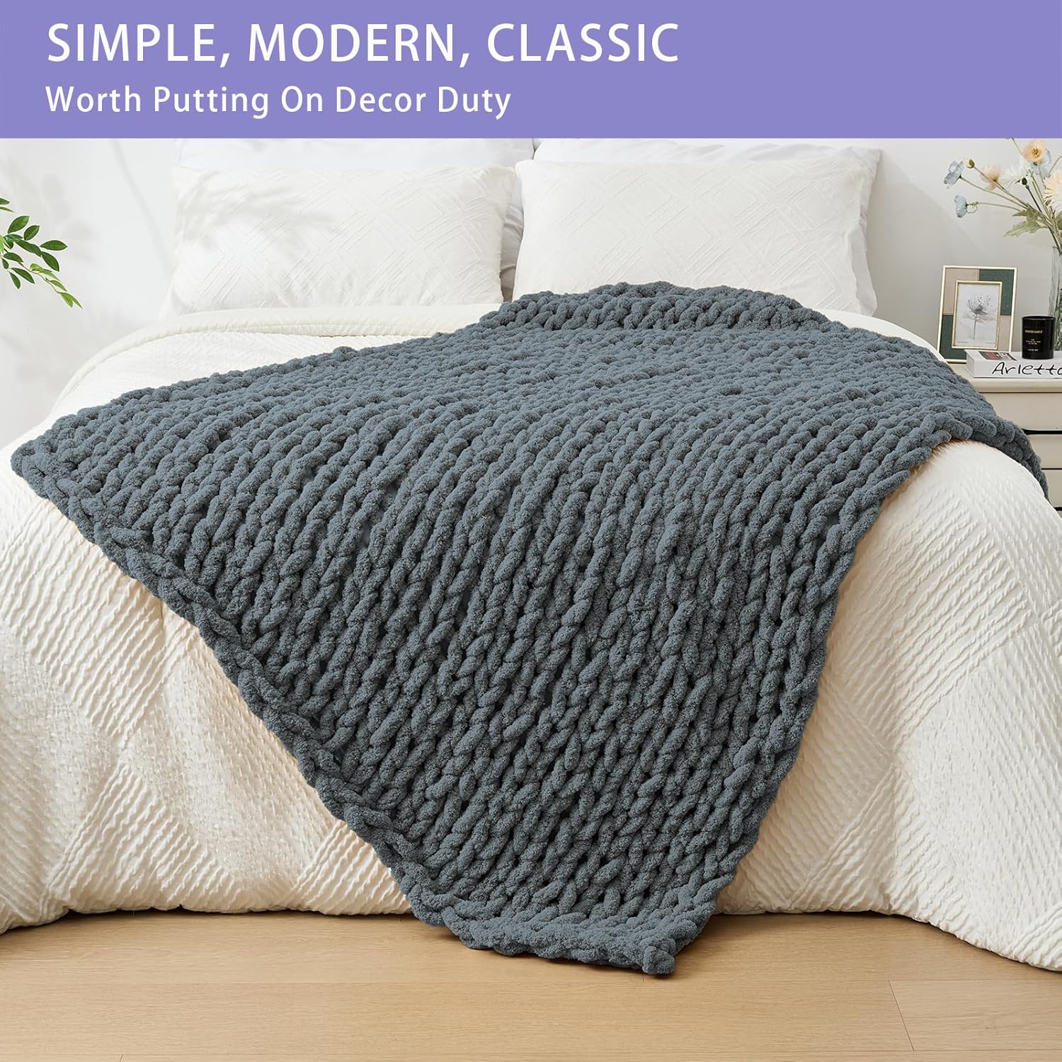 Bigacogo Chunky Knit Throw Blanket for Couch, 40x60 inches, 100% Hand Knitted with Thick Jumbo Chenille Yarn, Cozy Soft Large Rope Knot Cable Crochet Blankets for Sofa Bed Living Room, Iron Gray - Image 3