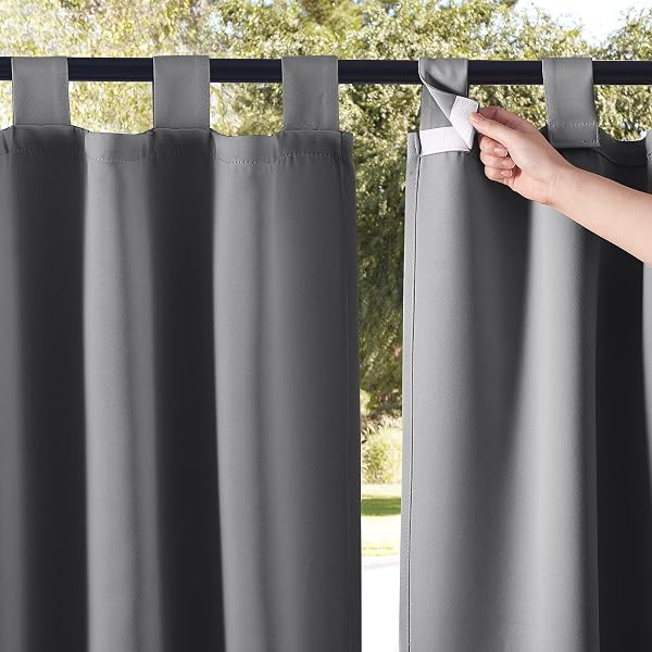 NICETOWN Outdoor Patio Curtains Waterproof with Self-Stick Tab Top, UV Protectant Thermal Insulated Blackout Outdoor Drapes for Public Divider Extra Long Curtains, 2 Pieces, W52 x L96, Grey