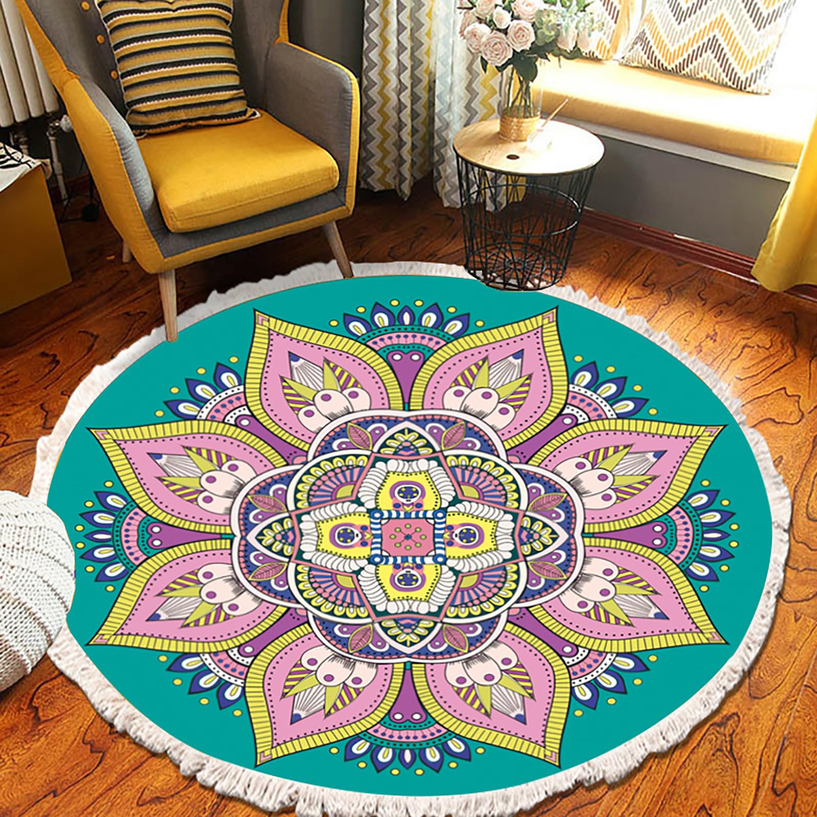 Tapis rond lavable et antidérapant floral bohème pour entrée