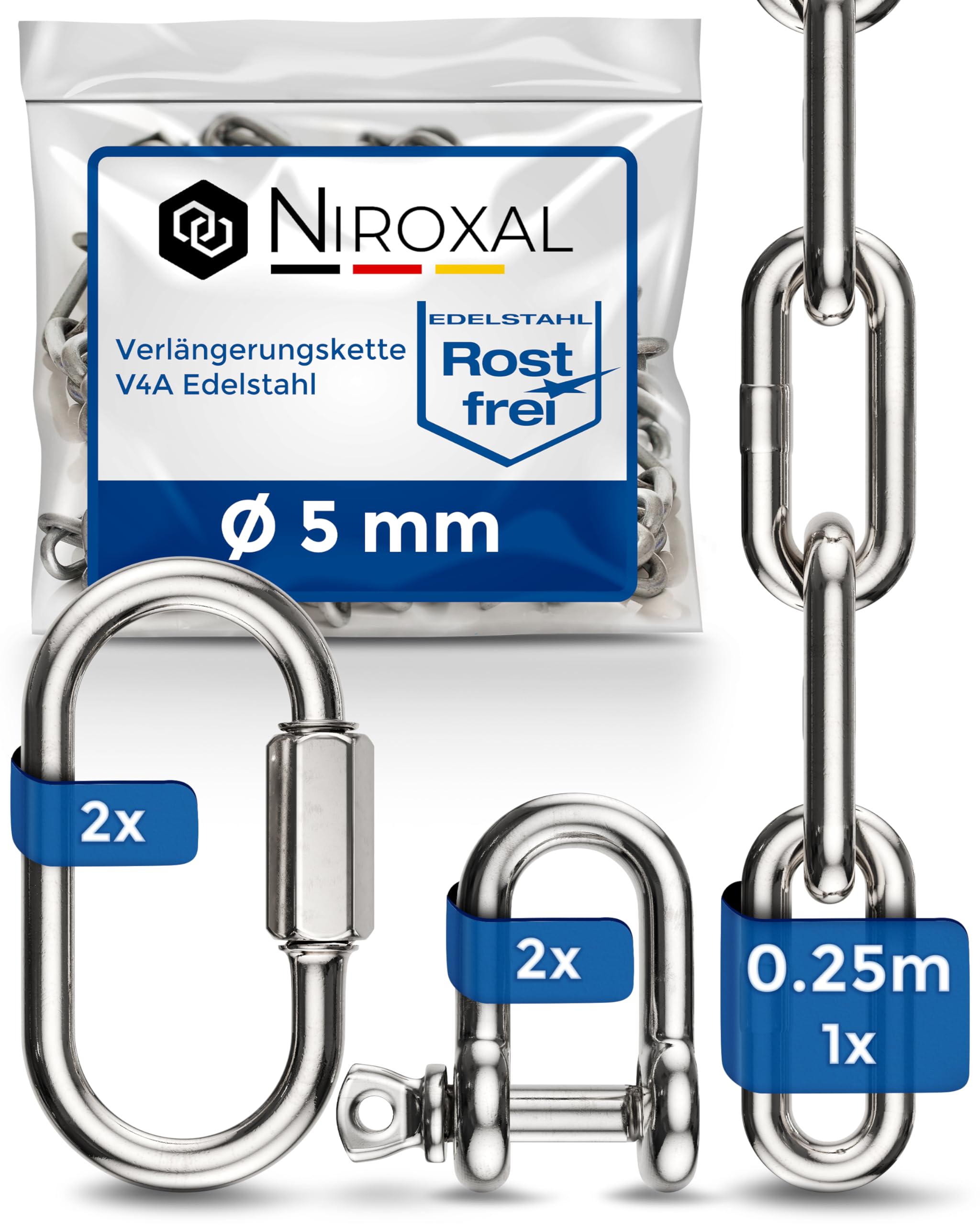 Kit Catena Inox V4A Ø 5 mm – 25 cm (0,25 m) – Set da 1 (1 Catene + 2 Connettori + 2 Grilli) – Carico 900 kg – Uso Marino, Amaca, Boxe