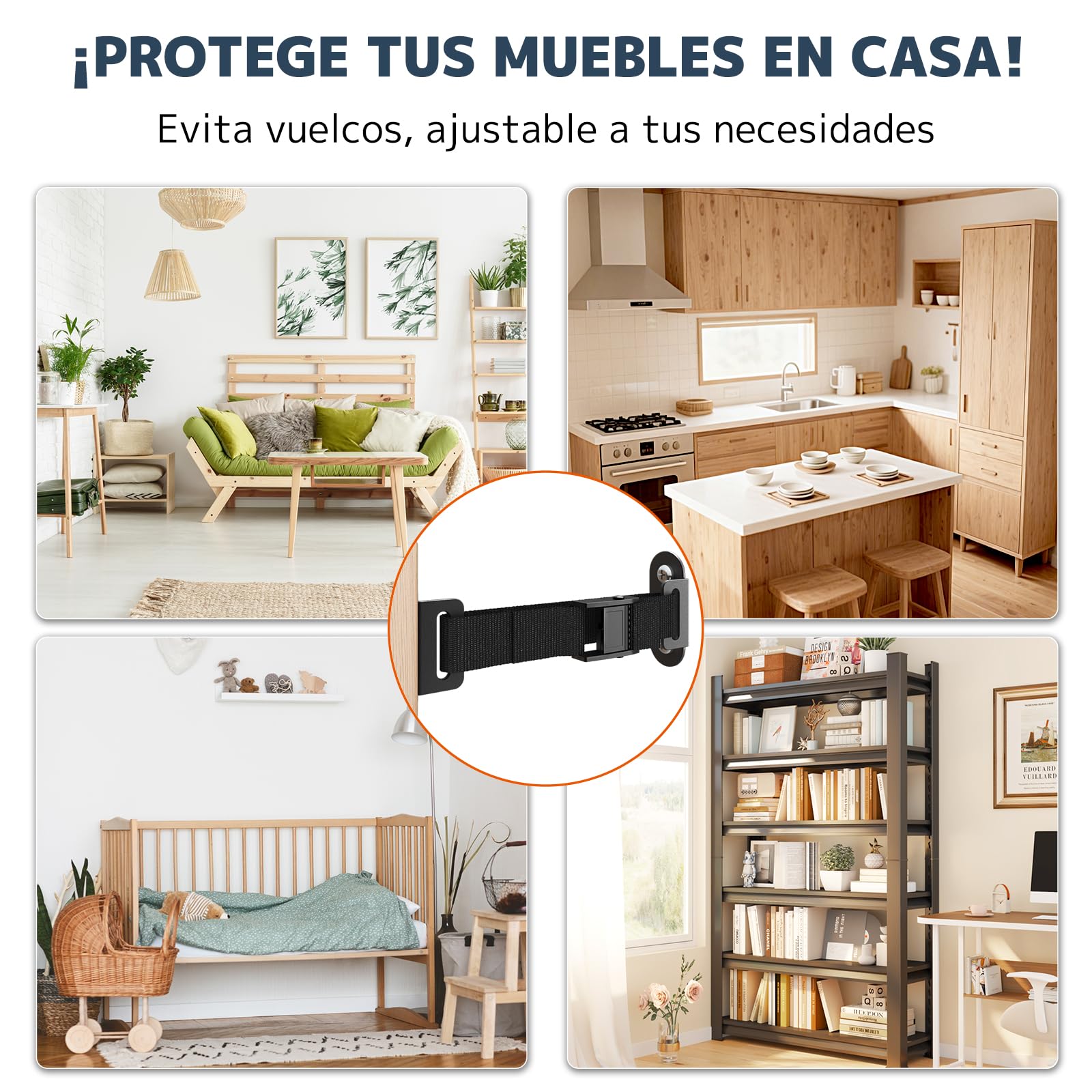 Correas Antivuelco Muebles 4 Juegos,Capacidad 226kg Anclajes de Pared Antisísmicos para Seguridad Bebé&Mascotas,Correas de Seguridad Ajustables con Hebillas Metálicas Estables para Soporte Estanterías