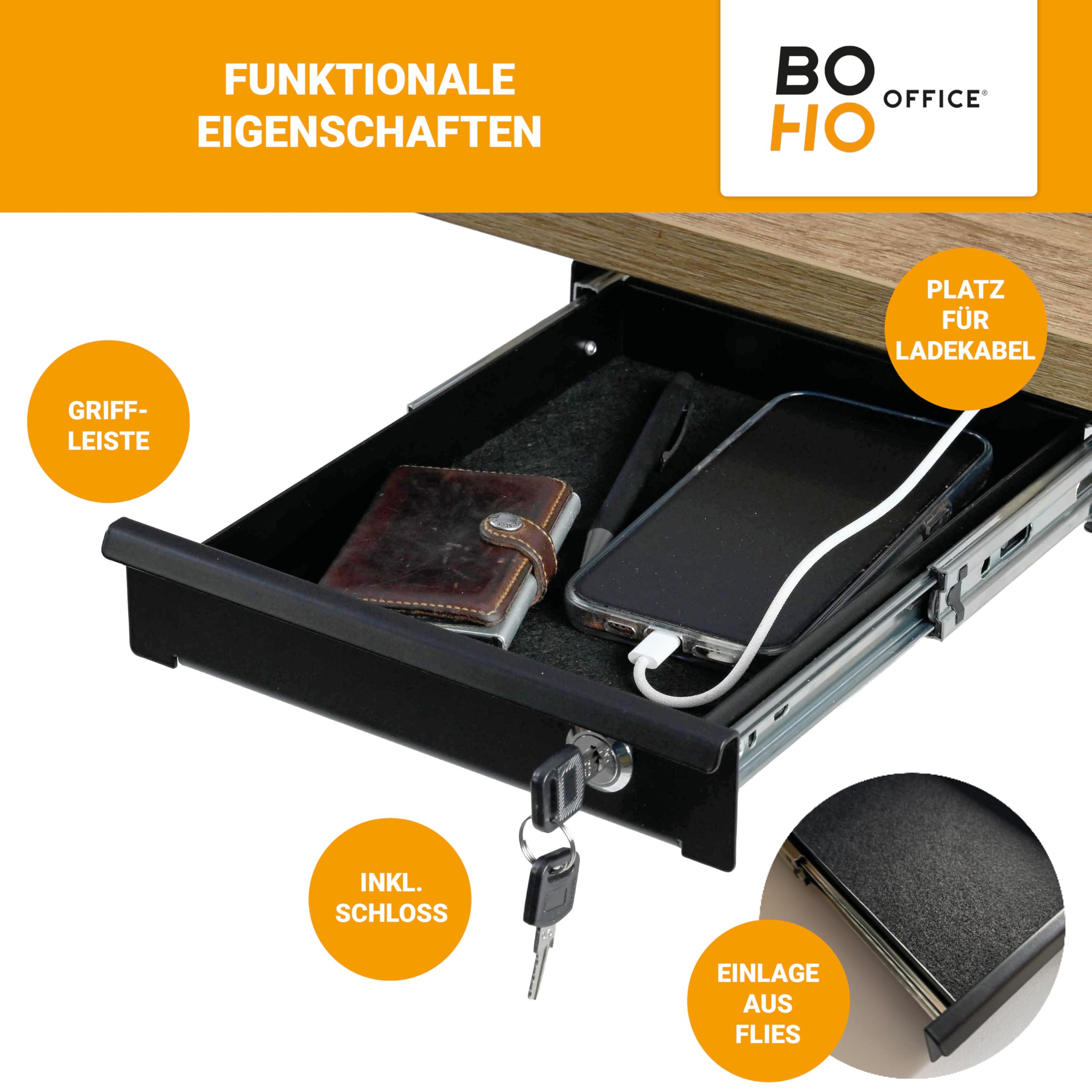 boho office® Schreibtisch Schublade schwarz – abschließbar mit Schloss, inkl. Organizer & Filz, Untertisch-Schublade für Büro & Home-Office, Breite 24,8 cm