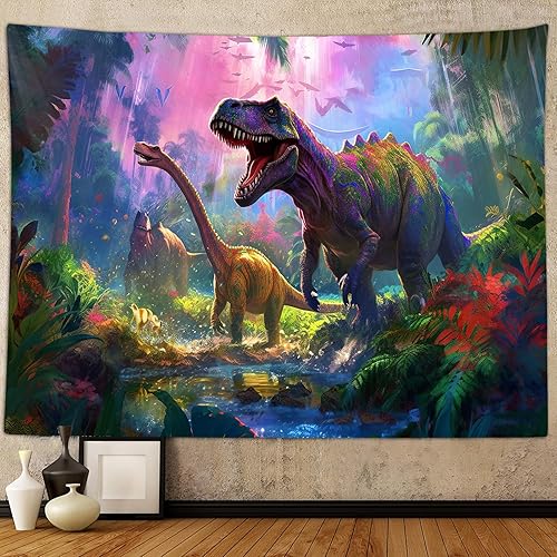 Tapiz decorativo de dinosaurio para dormitorio de niños, genial animal antiguo T-Rex Forest Art Tapices para colgar en la pared, póster para