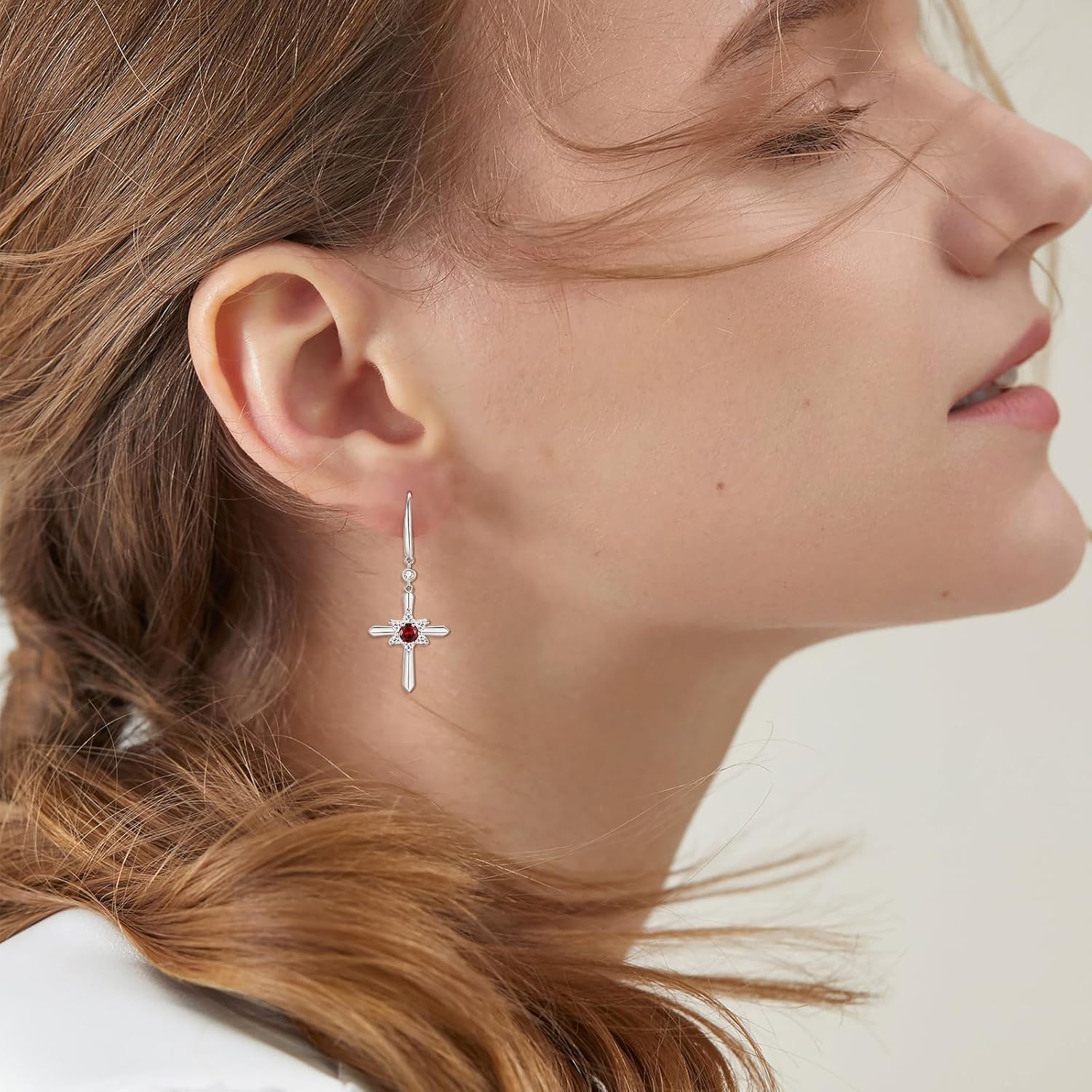 FANCIME Cross Dangle Drop Earrings 925 Sterling Silver Dainty Round Birthstone Earring Fine Jewelry Birthday Gifts for Her Women - Image 3