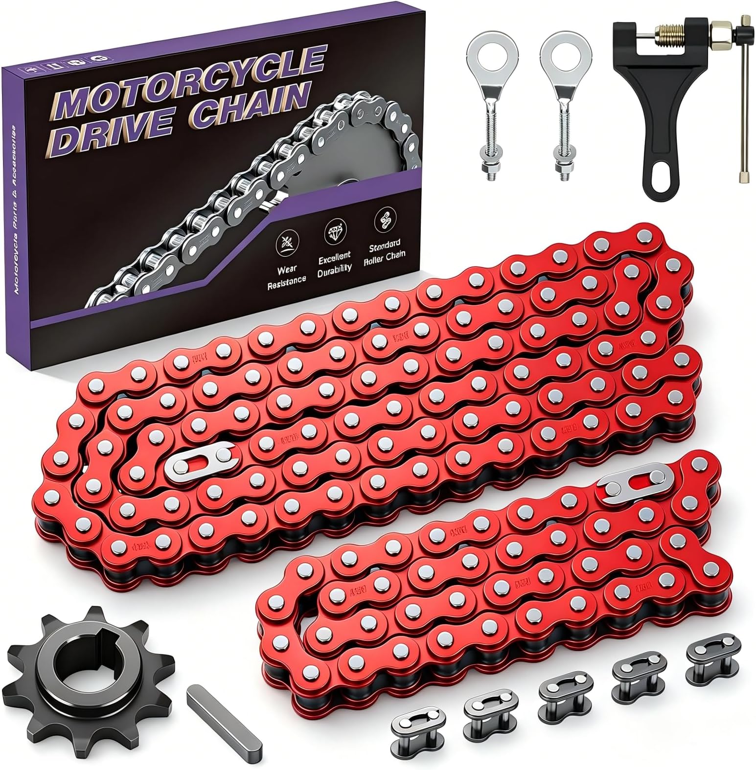 420 Chain 42 and 90 Links Kits Replacement for Coleman Mini Bike BT200X CT200U CT200U-EX Baja Warrior Massimo MB200 MB165 196cc Predator 212cc 200cc 6.5hp Parts Red with Mini Bike Sprocket 10T