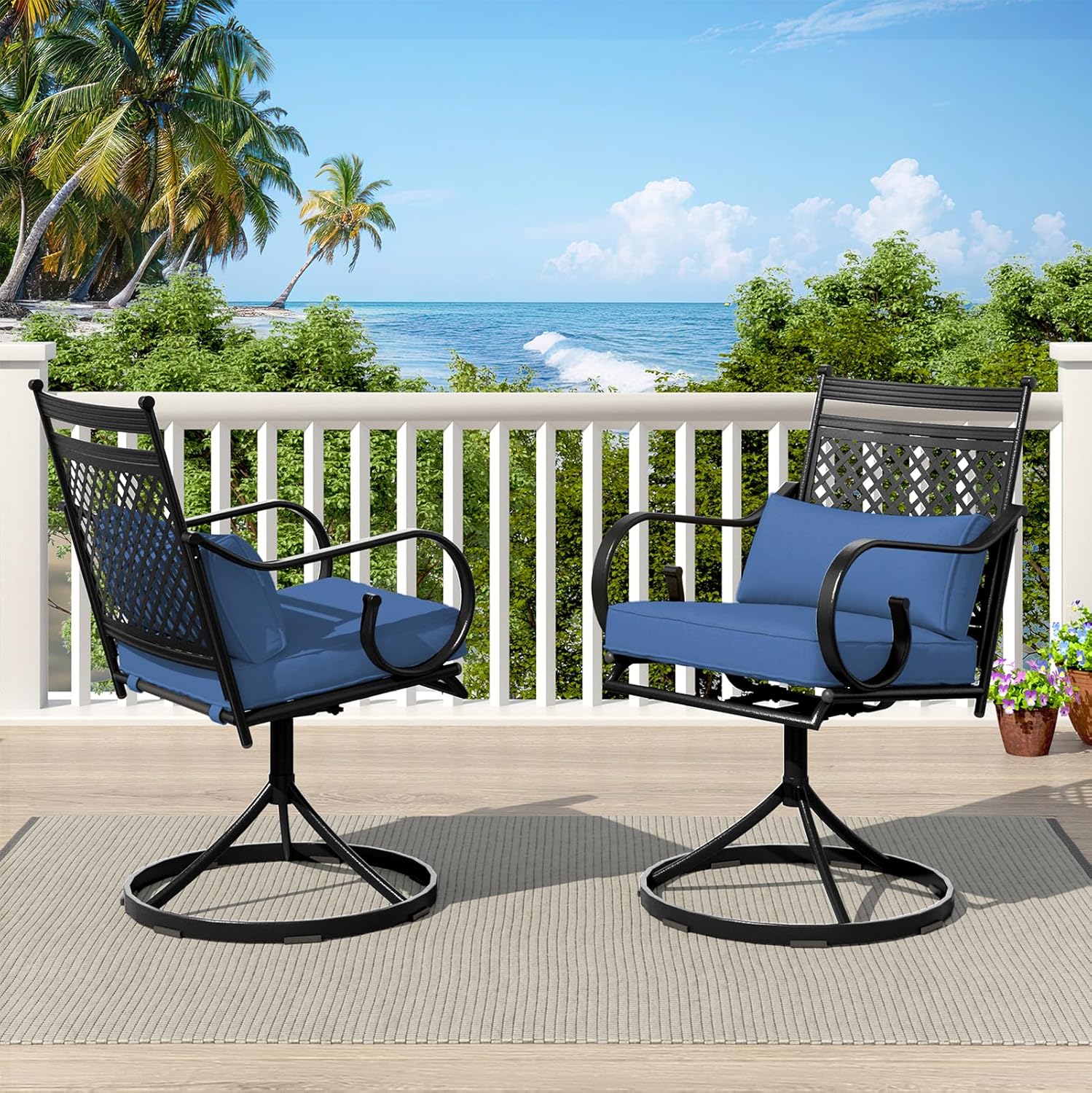 EROMMY Patio Swivel Chair Set of 2, Heavy Duty Outdoor Dining Chairs with Thickened Cushions, Metal Patio Chairs Gentle Rocker for Outside, Garden Lawn & Porch, Backyard, Blue