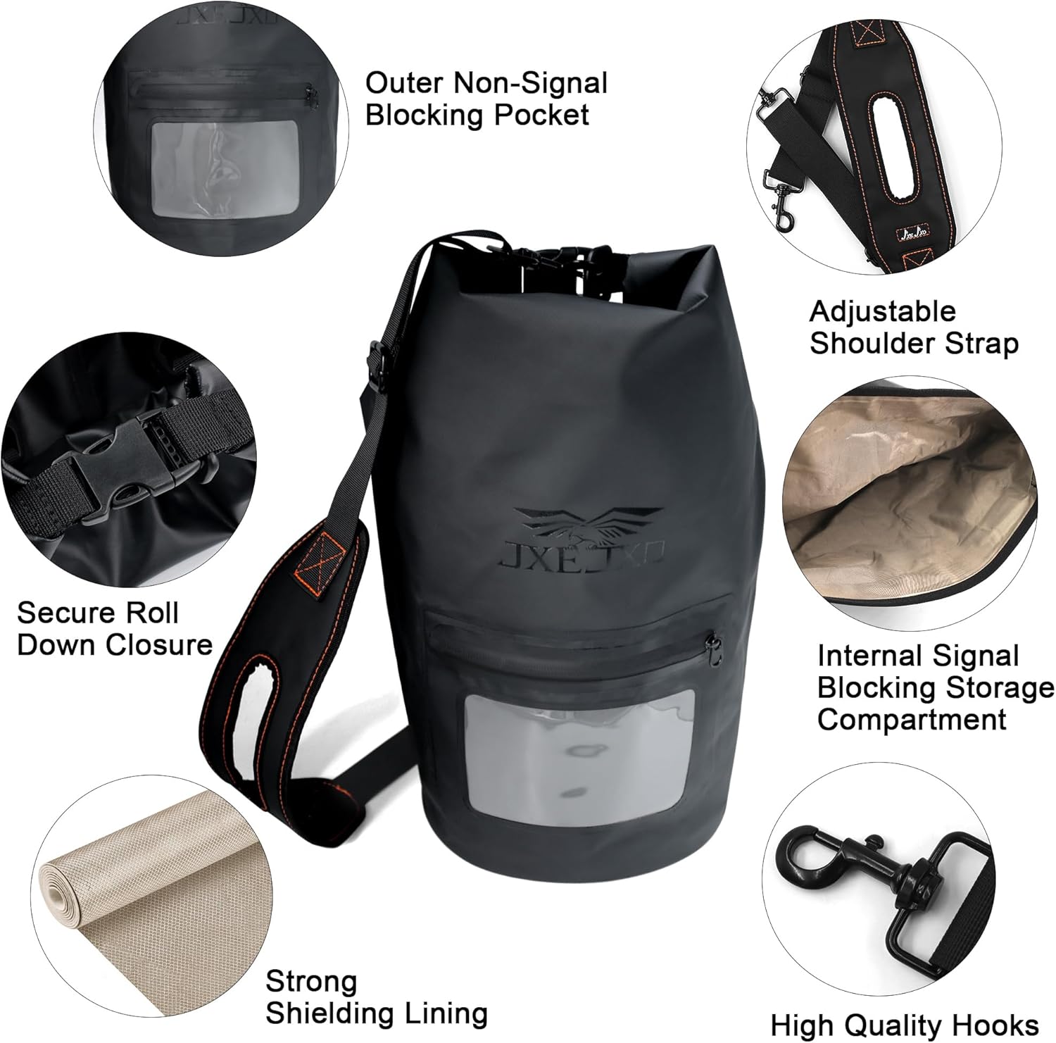 JXE JXO 15L Waterproof Faraday Dry Bag for Electronic Device Security | Military-Grade EMP & RFID Signal Blocking, Anti-Tracking & Hacking Protection, Data Privacy Shield for Mobile Devices （Matte）