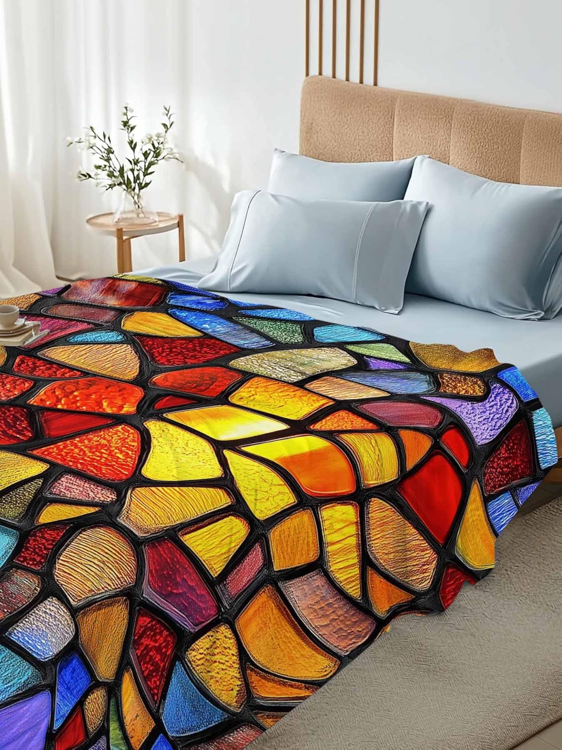 Blue Red Yellow Flat Bed Sheet King Size for King Mattress, Microfiber Bedding Top Sheets Deep Pocket for All Seasons, Modern Colored Rainbow Stained Glass Soft & Breathable Hotel Quality