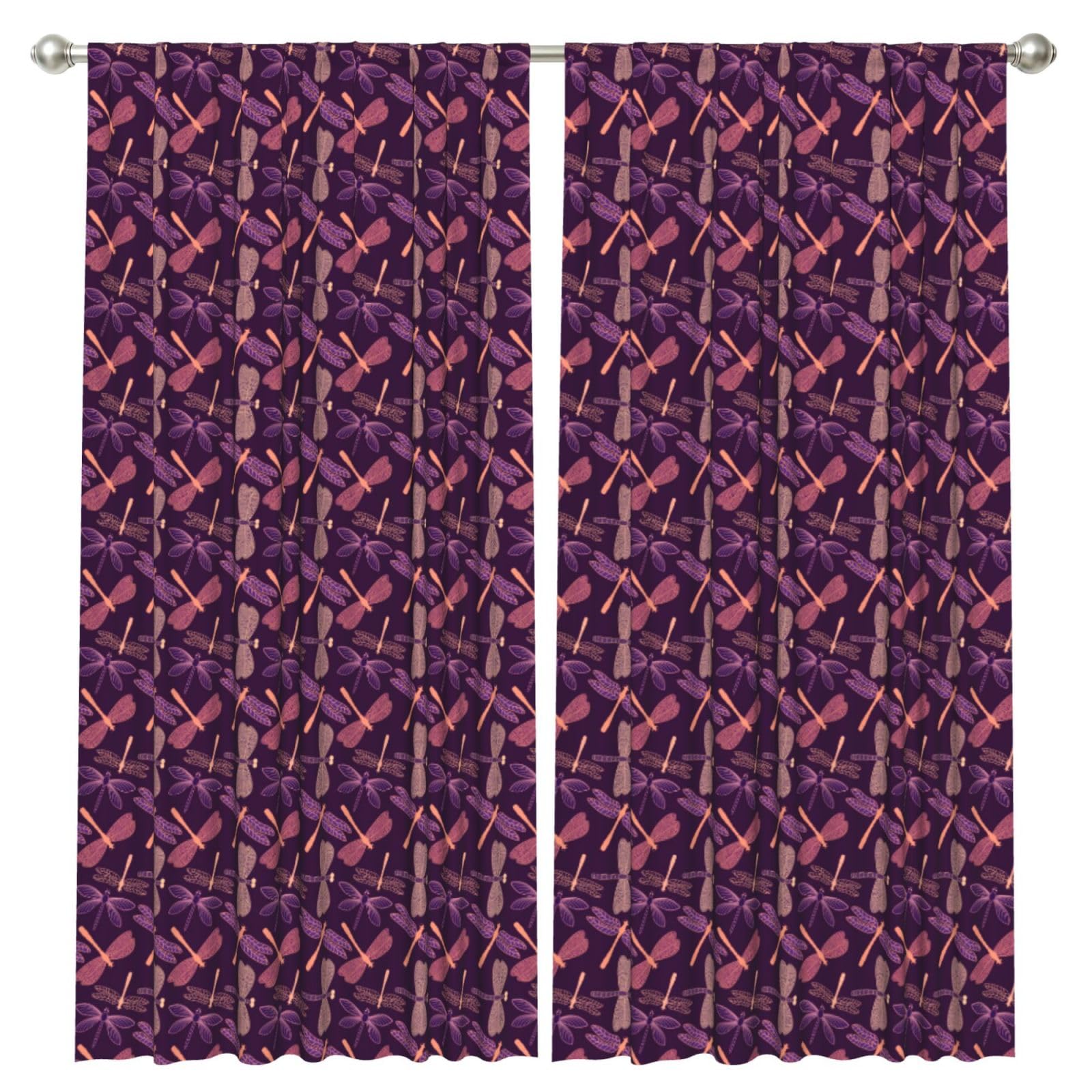 InOmak Purple Dragonfly Printing, 2 Panels Window Curtains 52 x 84 Inch Blackout Curtains for Living Room Bedroom