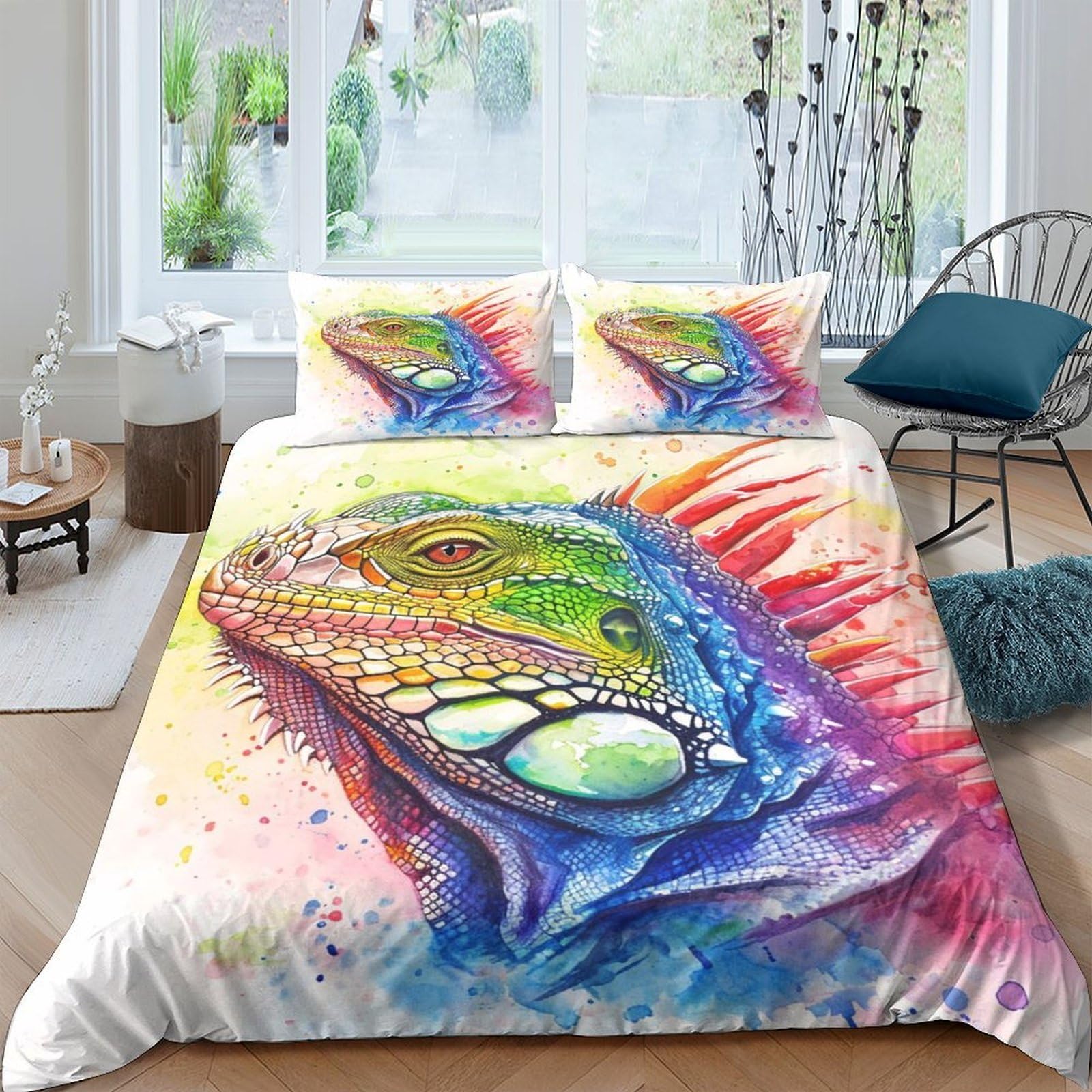 Ctjqhvkz Style-5 3D Printed Colorful Iguana Fitted Sheet Microfiber Soft Artistic Lizard Bed Cover For Bedroom Decor Mattress Protection Single（135X200cm）