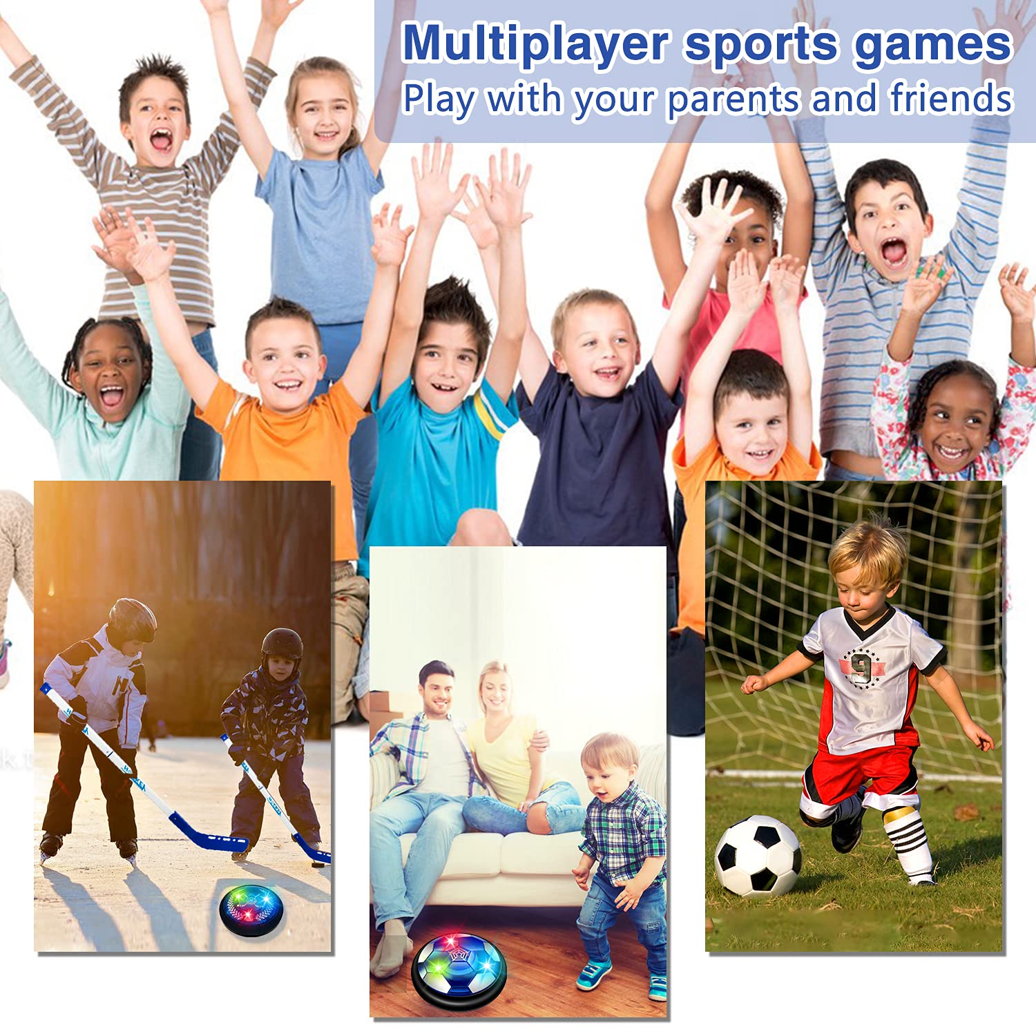 SUNACE Calcio Bambini - 3 in 1 Hover Hockey Kit con 2 Porta da Calcio per Interno All'aperto Giochi Bambini Compleanno Natale Regali per Bambini 3 4 5 6 7 8 9 10 Anni Pallone Calcio Fluttuante